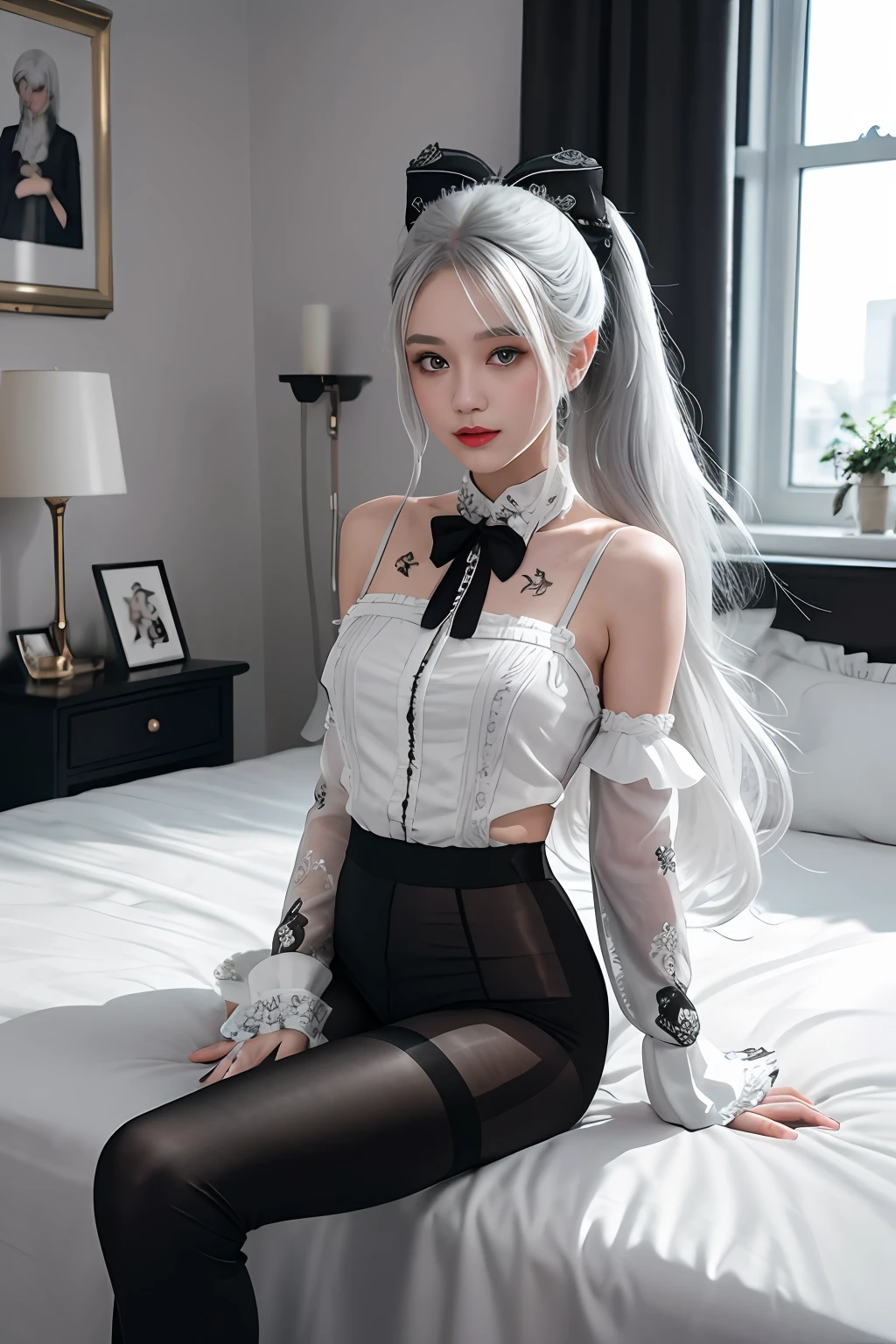 (((1 girl)),ray tracing,(dim lighting),[detailed background (bedroom)),((silver hair)),((silver hair)),(Fluffy silver hair, plump slender girl)) with high ponytail)))) Avoid blonde eyes in the ominous bedroom ((((Girl wears intricately embroidered black high-waisted pants with pantyhose) and white ruffled bow gloves), showing a delicate slim figure and graceful curves, correct limbs, sitting on the bed