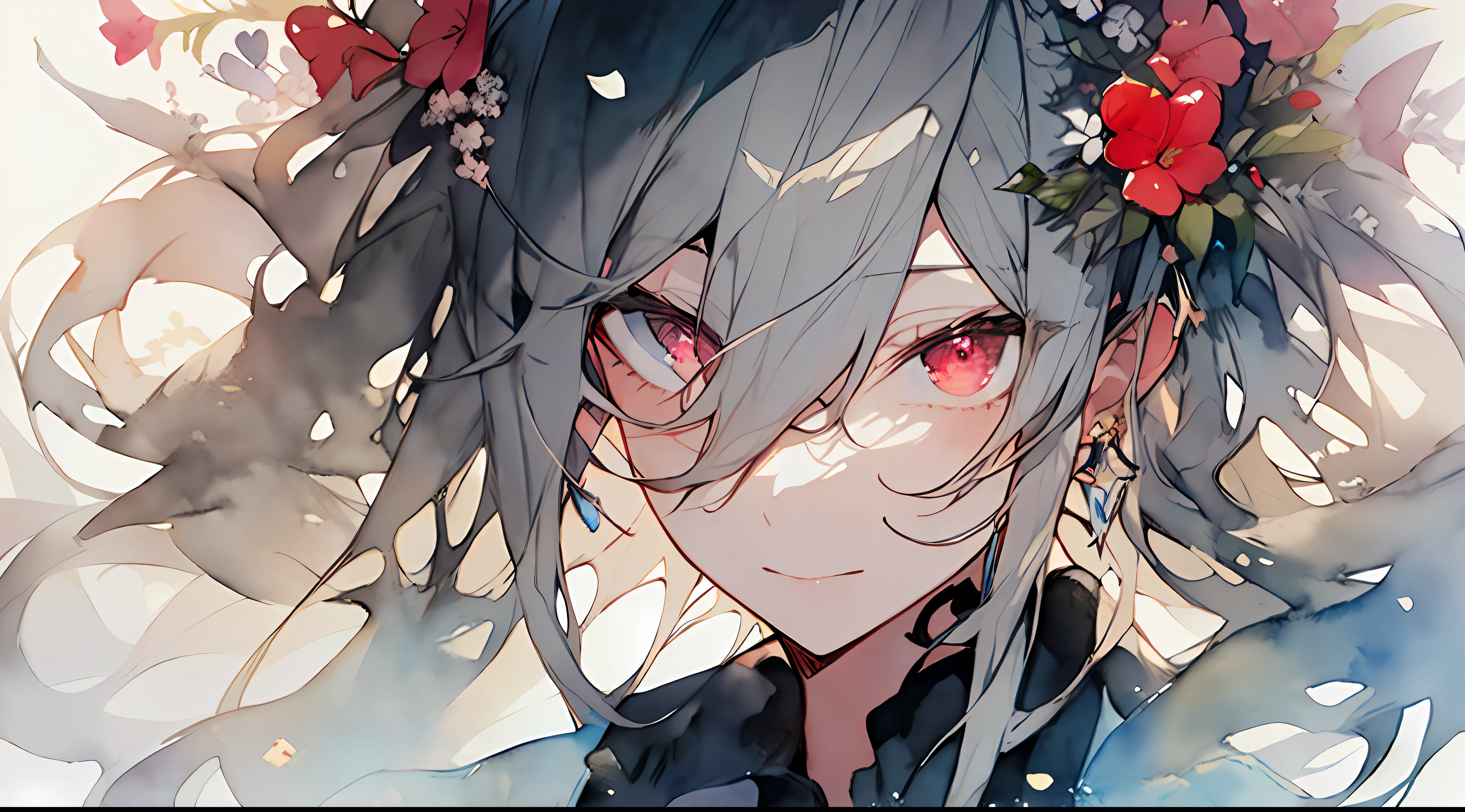 (watercolor:1.2),1girll, Solo, blossom, rozen, portrait of a, leaves, bangss, signature, Gray hair, long hair, Red eyes, Hair between eyes, Flower earrings