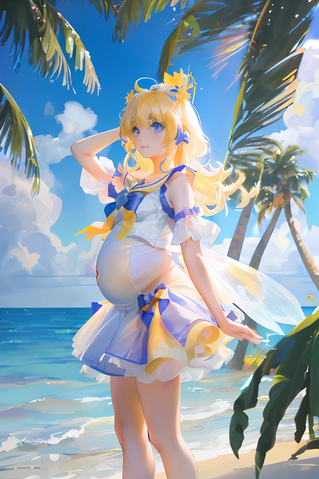 art by Cornflower, Dreamy, (a beautiful -agedl，anime-style girl，eBlue eyes，yellow long hair，Dressed in light yellow，Shiny，longer sleeves，Open chest，Long skirt swimsuit，Pink big breasts，white colors，and yellow，The heart poses above，both hands on hip，In front of the beach and bright blue sky，There are clouds above，There are palm trees in the background on both sides of the picture，There are also a lot of blue and yellow fish swimming around in the sea，There was also a lighted police helicopter flying over the girl's head）Pregnant belly, Maternity clothing，Maternity wear，Pregnant belly，Pregnant belly