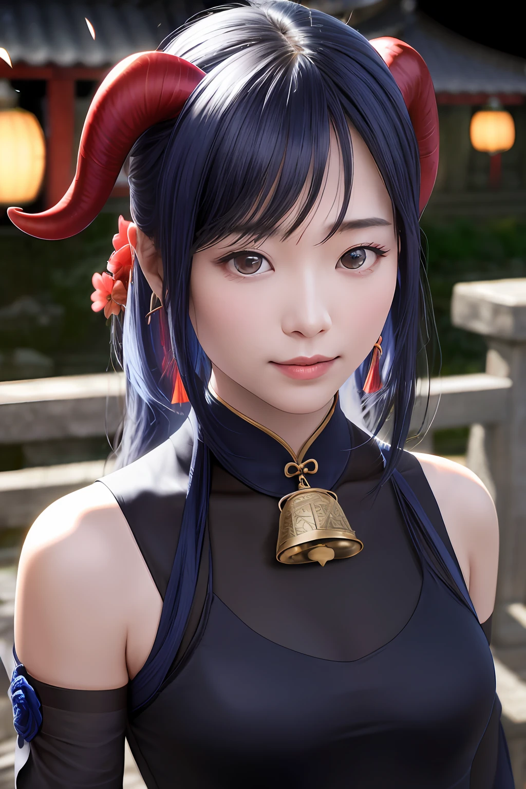 Masterpiece, (Photorealistic:1.5), Best quality, Beautiful lighting, Real life,
Ganyu \(Genshin Impact\), 1girll,,(Small breasts 1.2), ssmile,(Close-up),ahoge, architecture, bangs, Bare shoulders, bell, Black gloves, Black pantyhose, (Blue hair), Blush, Breasts, Chinese knot, Detached sleeves, east asian architecture, flower knot, mitts, Horns, Long hair, view the viewer, Medium breasts, Neckbells, Night, Outdoors, Pantyhose, Purple eyes, side locks, Solo, nipple tassels, White sleeves, (Ulzzang-6500:0.5)
, Intricate, High detail, Sharp focus, Dramatic, Beautiful girl , (RAW photo, 8K UHD, filmgrain), Caustics, Subsurface scattering, Pondering