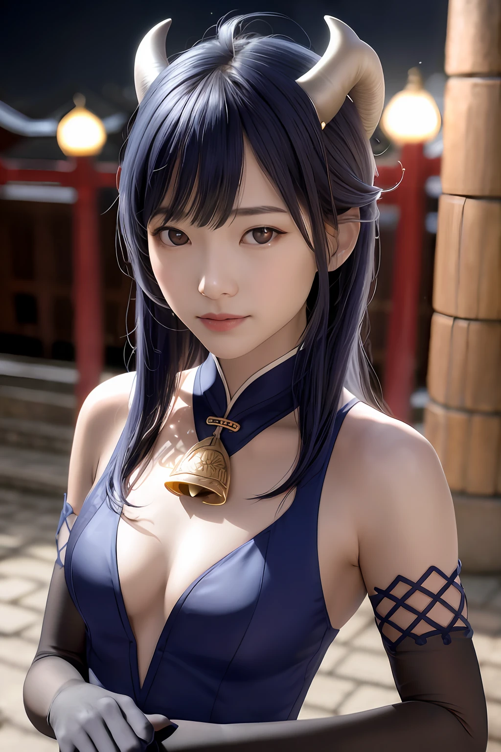 Masterpiece, (Photorealistic:1.5), Best quality, Beautiful lighting, Real life,
Ganyu \(Genshin Impact\), 1girll,,(Small breasts 1.2), ssmile,(Close-up),ahoge, architecture, bangs, Bare shoulders, bell, Black gloves, Black pantyhose, (Blue hair), Blush, Breasts, Chinese knot, Detached sleeves, east asian architecture, flower knot, mitts, Horns, Long hair, view the viewer, Medium breasts, Neckbells, Night, Outdoors, Pantyhose, Purple eyes, side locks, Solo, nipple tassels, White sleeves, (Ulzzang-6500:0.5)
, Intricate, High detail, Sharp focus, Dramatic, Beautiful girl , (RAW photo, 8K UHD, filmgrain), Caustics, Subsurface scattering, Pondering