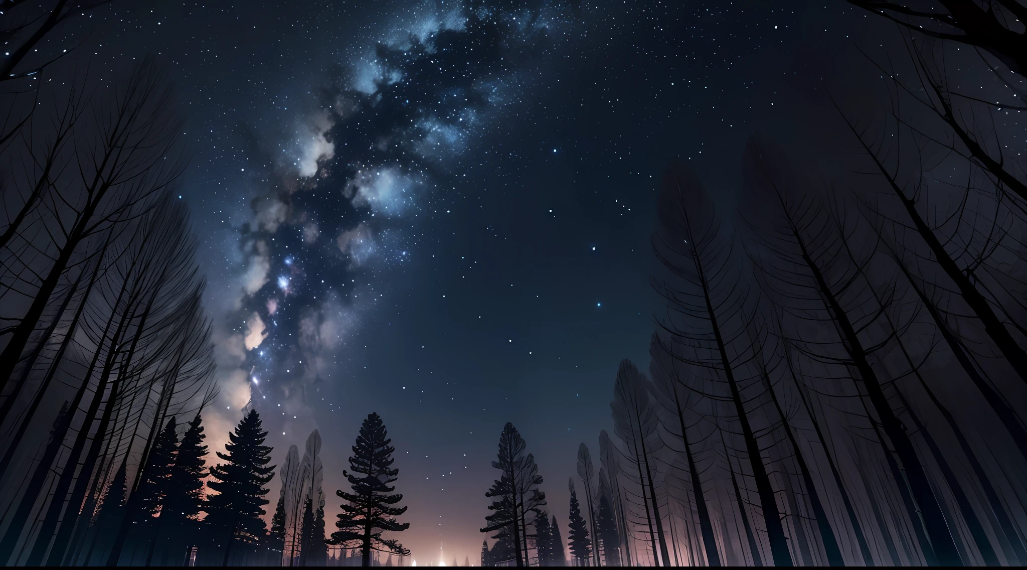 starrysky,Twinkling meteors,A dark forest illuminated by the moon,Quiet nights。