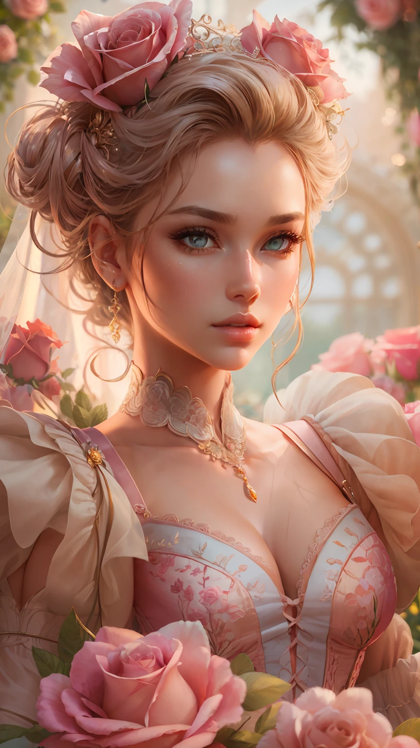 This is realistic fantasy artwork set in the castle's enchanted rose garden. Generate a proud woman with a highly detailed face dressed in the billowing folds of a stunning French silk ballgown. The woman's sweet face is ((((highly detailed, with realistic features and soft, puffy lips.))))  The ballgown is embellished with ruffles, sashes, and bows and a delicately, but intricately, hand-embroidered bodice. The corset features silk ribbon. The woman's stunning eyes are beautifully detailed, featuring realistic shading and multiple colors and high resolution. The woman is in a garden of eternal roses, each one beautifully formed and highly detailed. These realistic roses feature shimmering shades of pink, yellow, orange, and glimmering red. The eternal rose is a deep shade of red with shimmering pink overtones and undertones. Ensure that the woman's face, hair, and eyes are perfect. realism, high fantasy, whimsical fantasy, storybook fantasy, fairytale fantasy, fantasy details, enchanting, bewitching, 8k, hires, cgi, digital painting, unity, unreal engine, (((masterpiece))), intricate, elegant, highly detailed, majestic, digital photography, art by artgerm and ruan jia and greg rutkowski, (masterpiece, finely detailed beautiful eyes: 1.2), hdr, realistic skin texture, (((1woman))), (((solo))), Include a highly detailed face, extremely detailed face, and interesting background.