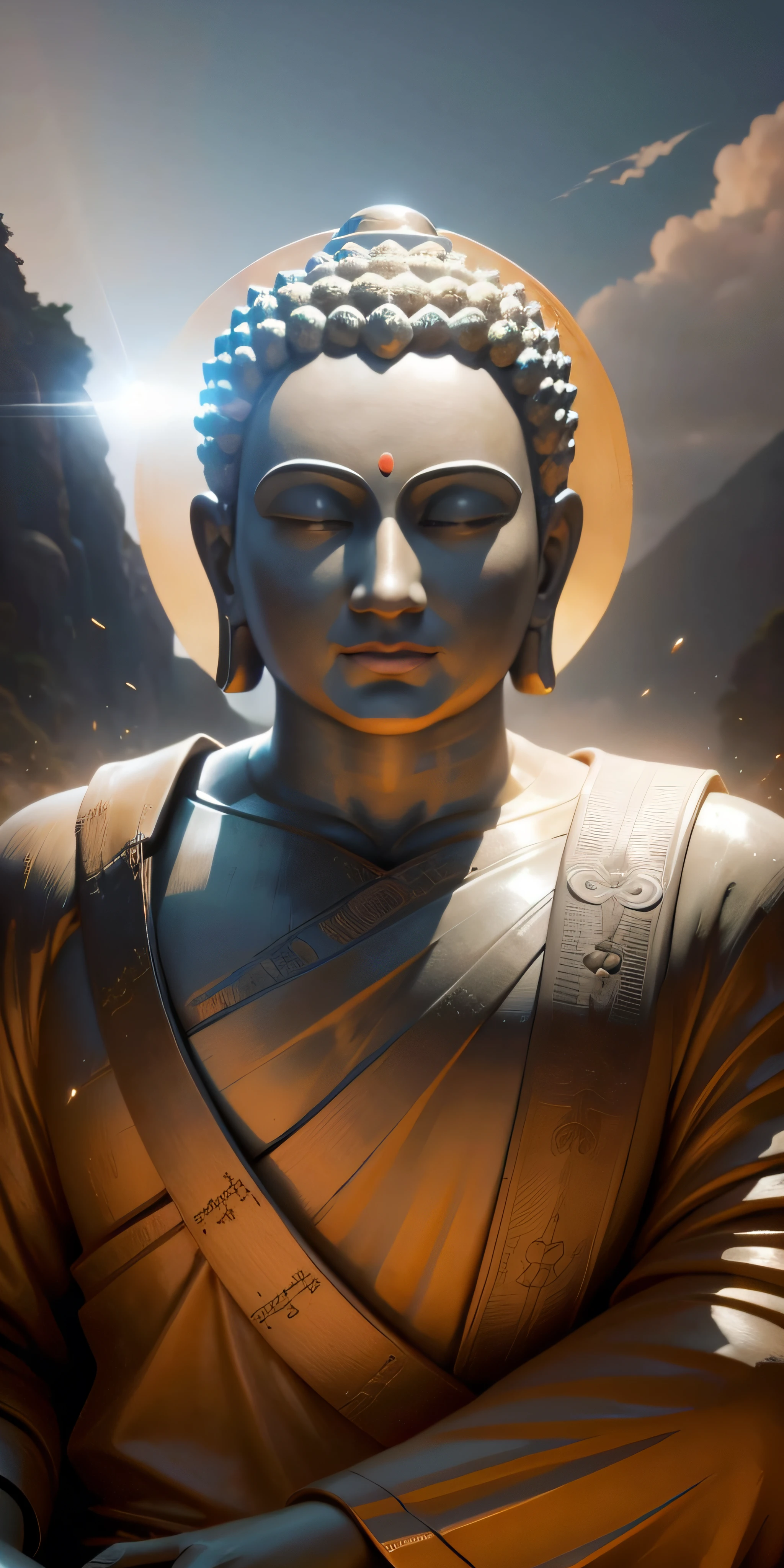 Buddha statue of a man with a halo on his head, a Buddhist Buddha, Buddhism, 8k vertical wallpaper, 8k vertical wallpaper, Buddha, 3 d render beeple, Buddhist, 3D digital art 8K, beeple masterpiece, beeple. hyper photorealism, artgem and beeple masterpiece, beeple artwork, 8K high quality detailed art,Facial fullness,The expression is serious,hyper HD