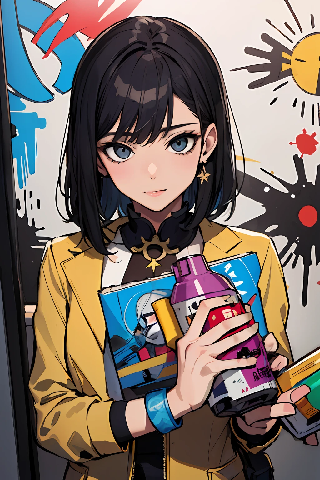 (obra-prima: 1.2, melhor qualidade), ultradetalhado, ultra-accurate representation, Ultra-detailed representation, (fundo Art Decom:1.3), 1lady, jaqueta, jaens, (grafite spray:1.3)