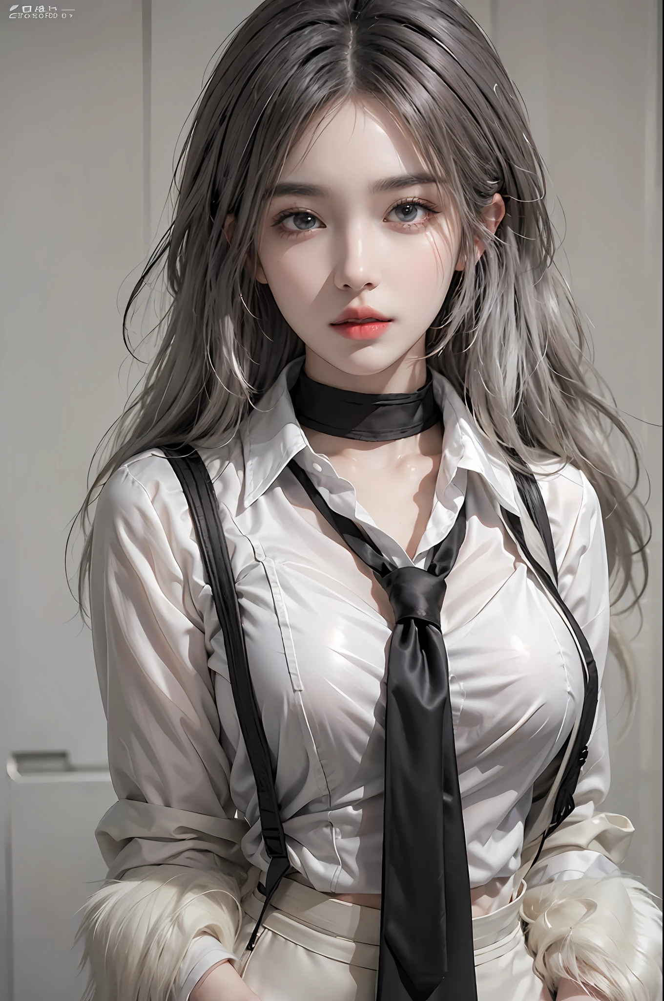 photorealistic, high resolution, 1 women, solo, hips_up, beautiful eyes, look at viewer, close lips, detailed face, white hair, long hair, collared shirt, black necktie,black skirt, pencil skirt, fur coat, stockings
