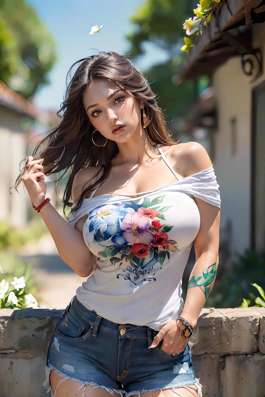 8k, Foto RAW, (pele altamente detalhada: 1.2), (exposta: 1.1), (Costas expostas: 1.5), (ombros expostos: 1.1), (virilha exposta:1.5), (Vista de cima para baixo:1.5), ((::Jae Lee e Joe Madureira estilo ::2.0 comix illustration style,estilo tatoon , Ashley Alexiss ,mulher bonita com cabelo longo ultra detalhado, (fundo bonito e claro:1.2),, fantastic paintings ,estilo graffit;, flor, olhos altamente detalhados , uma camiseta branca ou vestida com uma jaqueta jaeans mulher super detalhada no estilo anime , ::jason fabok and yoji shinkawa style ::2.0 comix illustration style,tatoon style , comic book style ,ashley alexiss argentina ,beautiful woman with long hair ultra detailed, (beautiful and clear background:1.2),, fantastic paintings ,graffit style, flowers, olhos altamente detalhados , a white t-shirt or dressed in a jaeans jacket and white blouse underneath, with both fists in a fighting position, and bracelets, fighting against an enemy, with long black hair , stained glass colored, tongue slightly out, vibrant, alphonse mucha style, fantastic paintings by joe madureira ,high quality, --ar 3:4 --upbeta --test --creative --upbeta --upbeta --upbeta --upbeta, masterpiece, best quality, high quality, extremely detailed cg unity 8k wallpaper, scenery, award winning photography, hdr, extremely detailed, trending on artstation, trending on cgsociety, intricate, high detail, art by midjourney style::STYLE JKenneth Rocafort ::2.9 (masterpiece:1.2, best quality), (finely detailed beautiful eyes: 1.2), ((1girl Kelly Brook very beautiful woman BIG BREAST )), ((solo)), (red eyes:1.4), (finely detailed eyes and detailed face:1.3),), (with jeans and a white t-shirt or dress:1.3), (beautiful and clear background:1.2), (extremely detailed CG, ultra-detailed, best shadow:1.1), ((depth of field)), ((watercolor)), large breasts, bare shoulders, flowers and petals, beautiful concept illustration , (white background:0.5), (illustration :1.1), (extremely fine and beauti