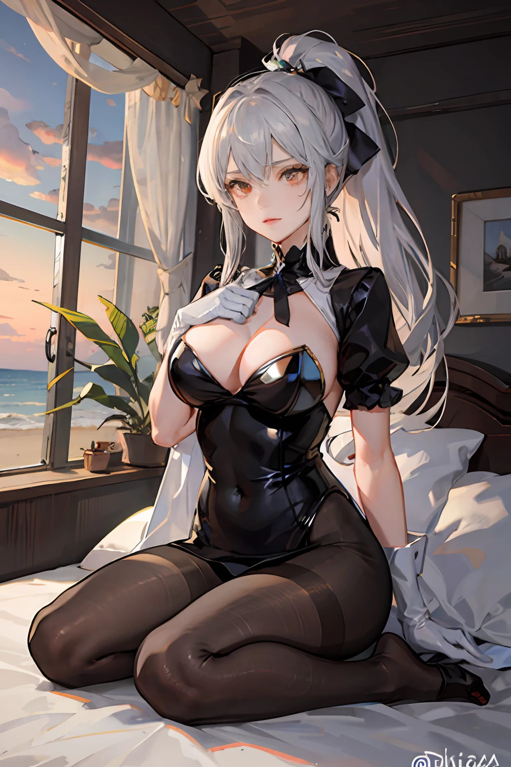 (((1个Giant Breast Girl)),Ray traching,(dim murky lights),[detailedbackground(Beach by the sea)),((Silvery hair)),((Silvery hair)),(((((Fluffy silver hair,plump and slender girl))Wears a high ponytail)))Avoid golden eyes in the ominous sand((((Girl wearing intricately embroidered black high-waisted pants with pantyhose)There are also white ruffled bow gloves),It shows a delicate and slender figure and beautiful curves,Correct limbs,sit on a bed