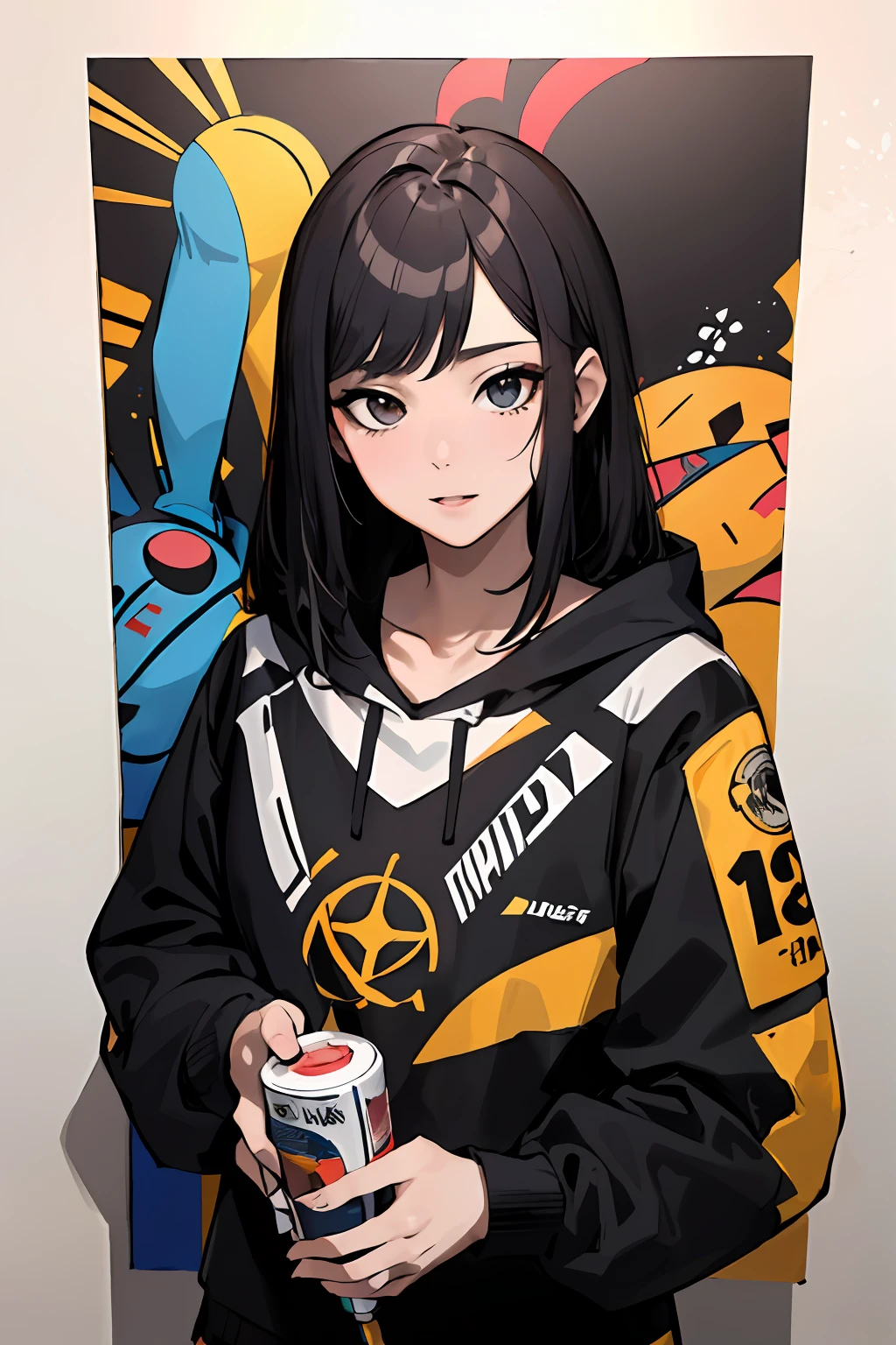 (obra-prima: 1.2, melhor qualidade), ultradetalhado, ultra-accurate representation, Ultra-detailed representation, (fundo Art Decom:1.3), 1lady, jaqueta, jaens, (grafite spray:1.3)