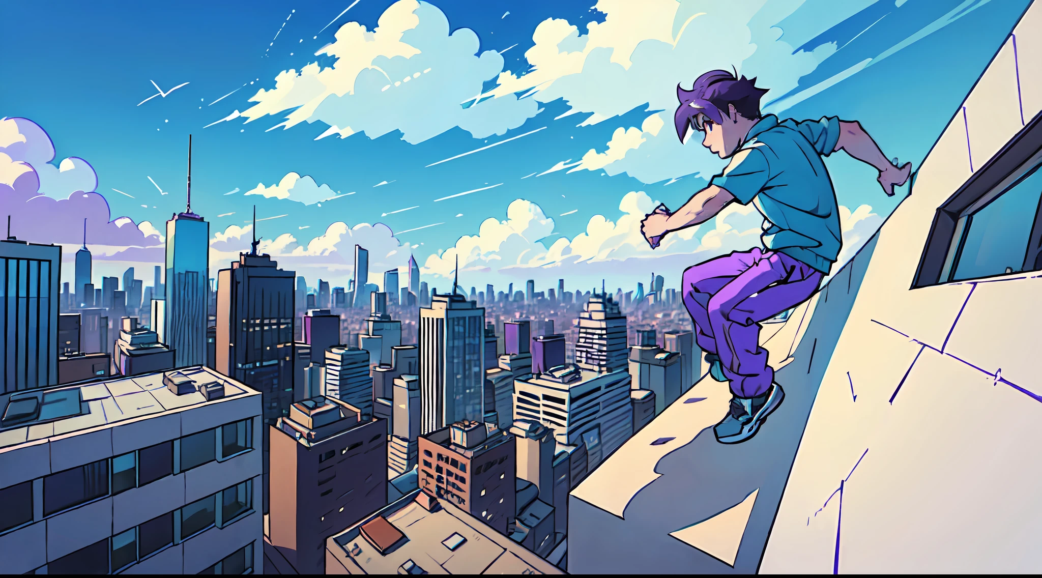 top-quality、(Boy with purple hair)、Drive through the walls of skyscrapers、Parkour、weightless、Dynamic composition with perspective