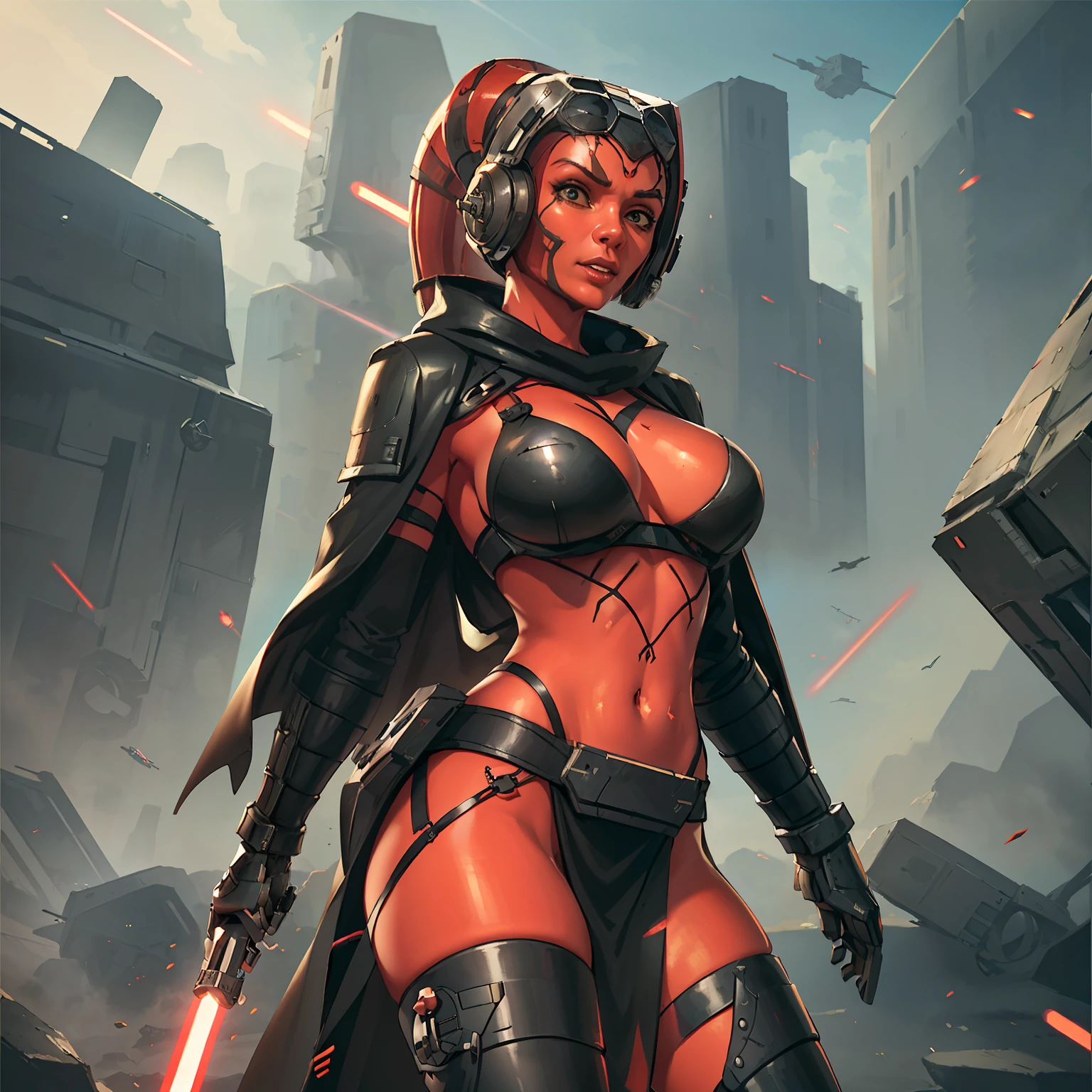 armor, busty, ((red skin), twi'lek), Sith Warrior, dual red lightsabers, evil space knight, space ninja, (wearing black stealth armor, breastplate, tunic, tabard, cowl, cloak, body glove, straps, buckles, long skirts, long sleeves, ((armor))), ((busty), slender body, thin, athletic, long legs, toned legs, Imperial warship, Star Wars,