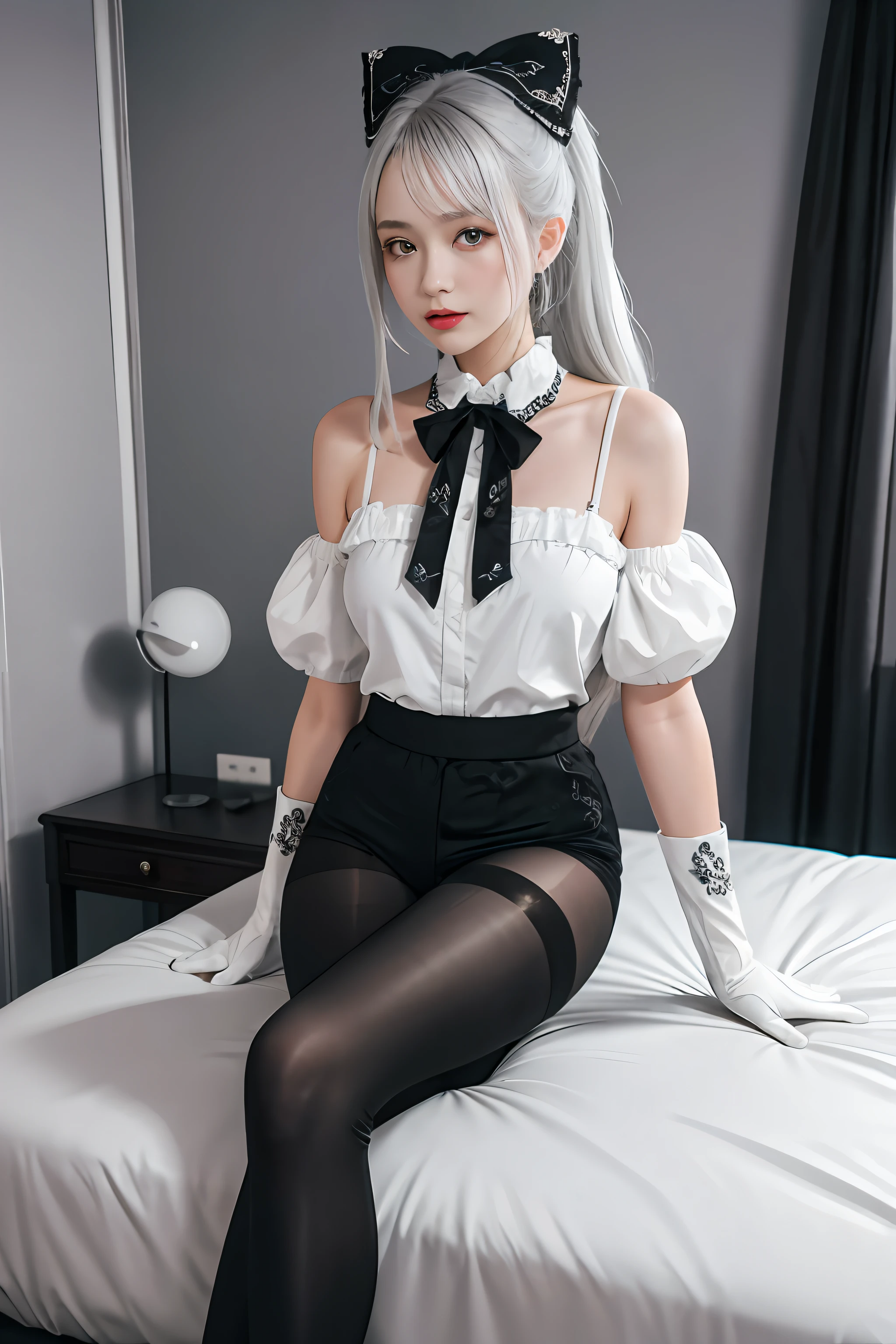 (((1 girl)),ray tracing,(dim lighting),[detailed background (bedroom)),((silver hair)),((silver hair)),(Fluffy silver hair, plump slender girl)) with high ponytail)))) Avoid blonde eyes in the ominous bedroom ((((Girl wears intricately embroidered black high-waisted pants with pantyhose) and white ruffled bow gloves), showing a delicate slim figure and graceful curves, correct limbs, sitting on the bed