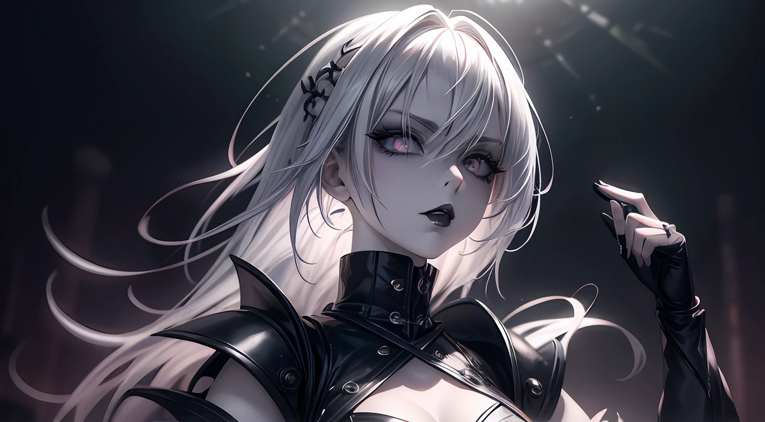 Anime girl with white hair and asymmetrical gothic-style haircut, pale skinned, sobrancelhas brancas, light pink iris, black lipstick and extremely pointed dark gothic medieval armor. High quality Gothic-style image diffusion with white-haired anime girl, light pink iris and pale skin, Pose confiante, gloomy setting, gotas de chuva, olhar severo, rosto oval, Black Lipstick 8K Detailed and Dynamic Wallpaper.
