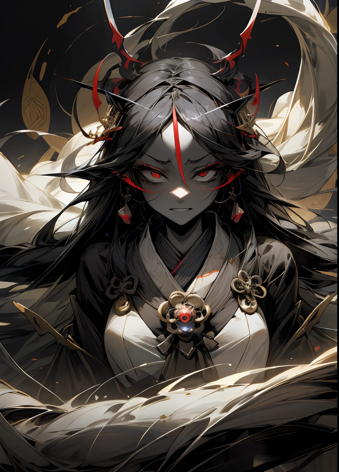 Izanami is an ethereal figure, veiled in a flowing kimono of shadows. Her face remains hidden, and her eyes shine with an eerie, otherworldly light. She carries a fan adorned with ancient symbols, which she uses to manipulate darkness and illusions.
Background: Izanami is a vengeful spirit, resentful of humanity's progress and technological advancements. She aims to plunge Japan into eternal darkness, believing that the world should be shrouded in the mysticism of the past. Her spectral army of Yokai and Oni haunts the land, threatening to overrun the mortal realm.