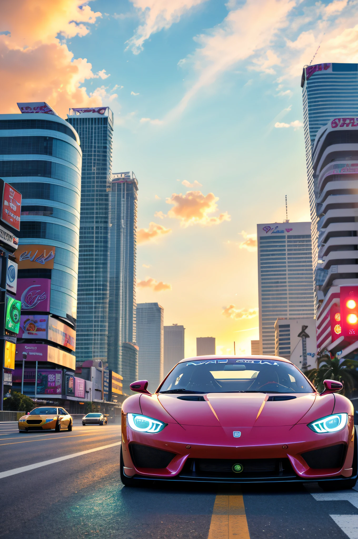 bright sunny day beautiful cloudy sky sunset sports car racing down cyberpunk Miami city streets neon signs and crowds confetti debris dust wind volumetric fog exciting epic action camera, (masterpiece:1.2) (photorealistic:1.2) (bokeh) (best quality) (detailed skin) (intricate) (8k) (HDR) (cinematic lighting) (sharp focus)