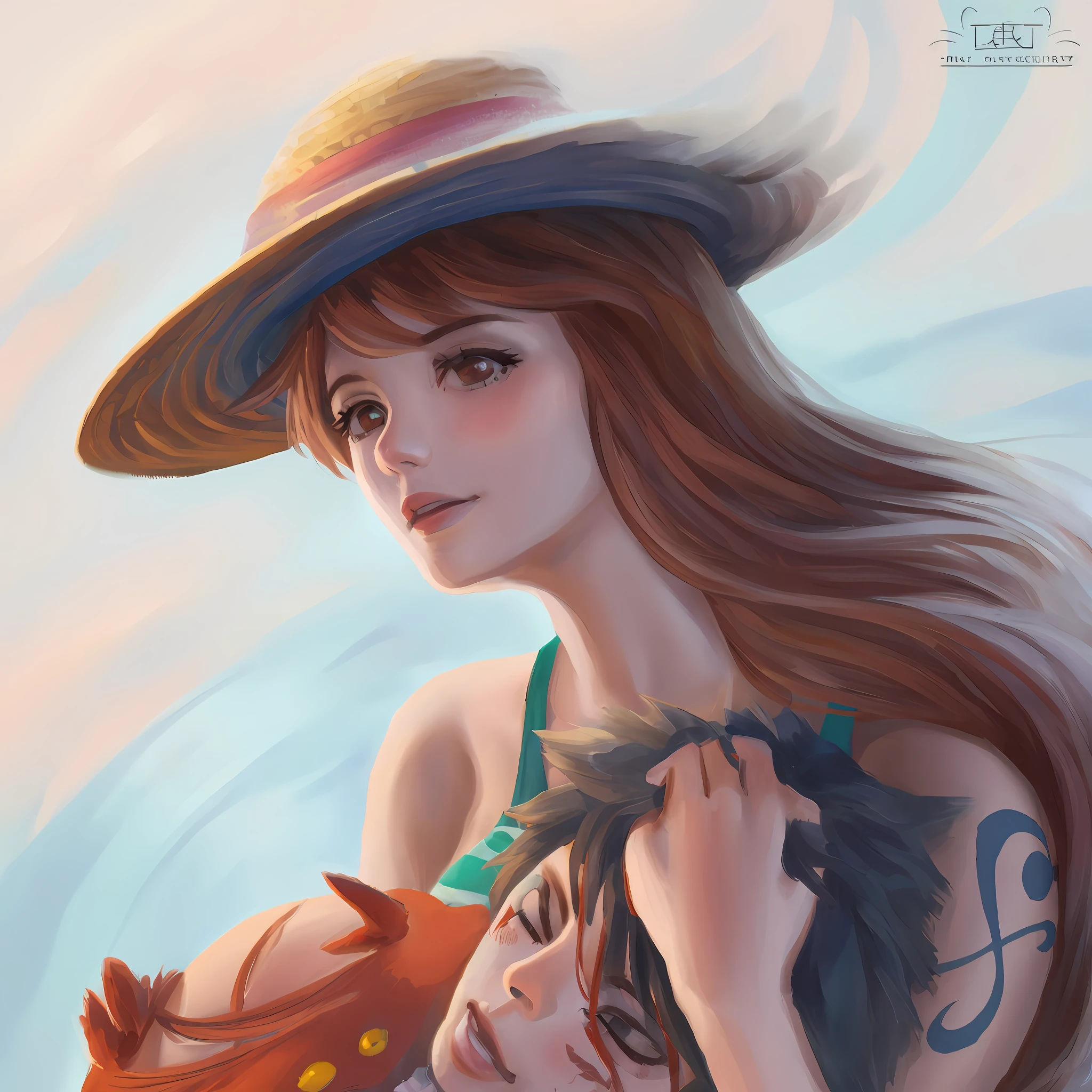 painting of a woman in a hat holding a cat on her shoulder, Retrato bonito de Nami, In the one piece, Nos, In the of a piece, por Kamagurka, feito com anime painter studio, fan art, ghibli studio. Artgerm, pintado em anime painter studio, rob rey and kentarõ miura style, fanart detalhado