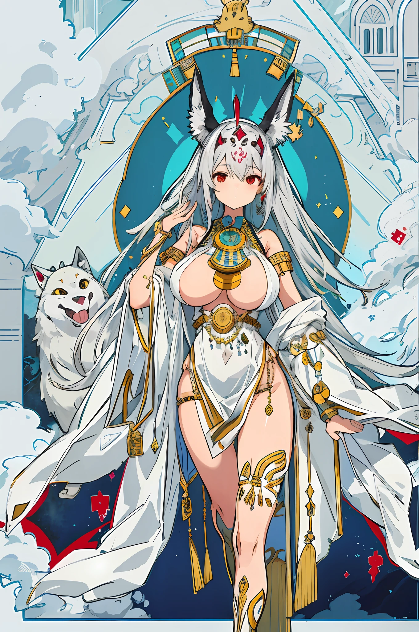 masterpiece, top-quality, high_resolution, fine detailed, highly detailed and beautiful, Distinct_image, 1 rapariga, 独奏, frombelow, silber hair, red eyes, (huge-breasted), (tits out),(Egyptian costume),(Anubis Headgear),(sacred place)
