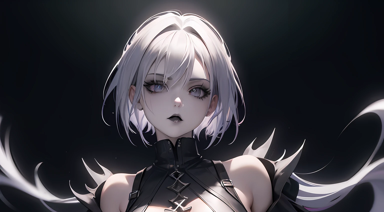 Anime girl with white hair and asymmetrical gothic style haircut, pale skinned, sobrancelhas brancas, light pink iris, black lipstick and extremely pointed dark gothic medieval armor. High quality Gothic-style image diffusion with white-haired anime girl, light pink iris and pale skin, Pose confiante, gloomy setting, gotas de chuva, olhar severo, rosto oval, Black Lipstick 8K Detailed and Dynamic Wallpaper.