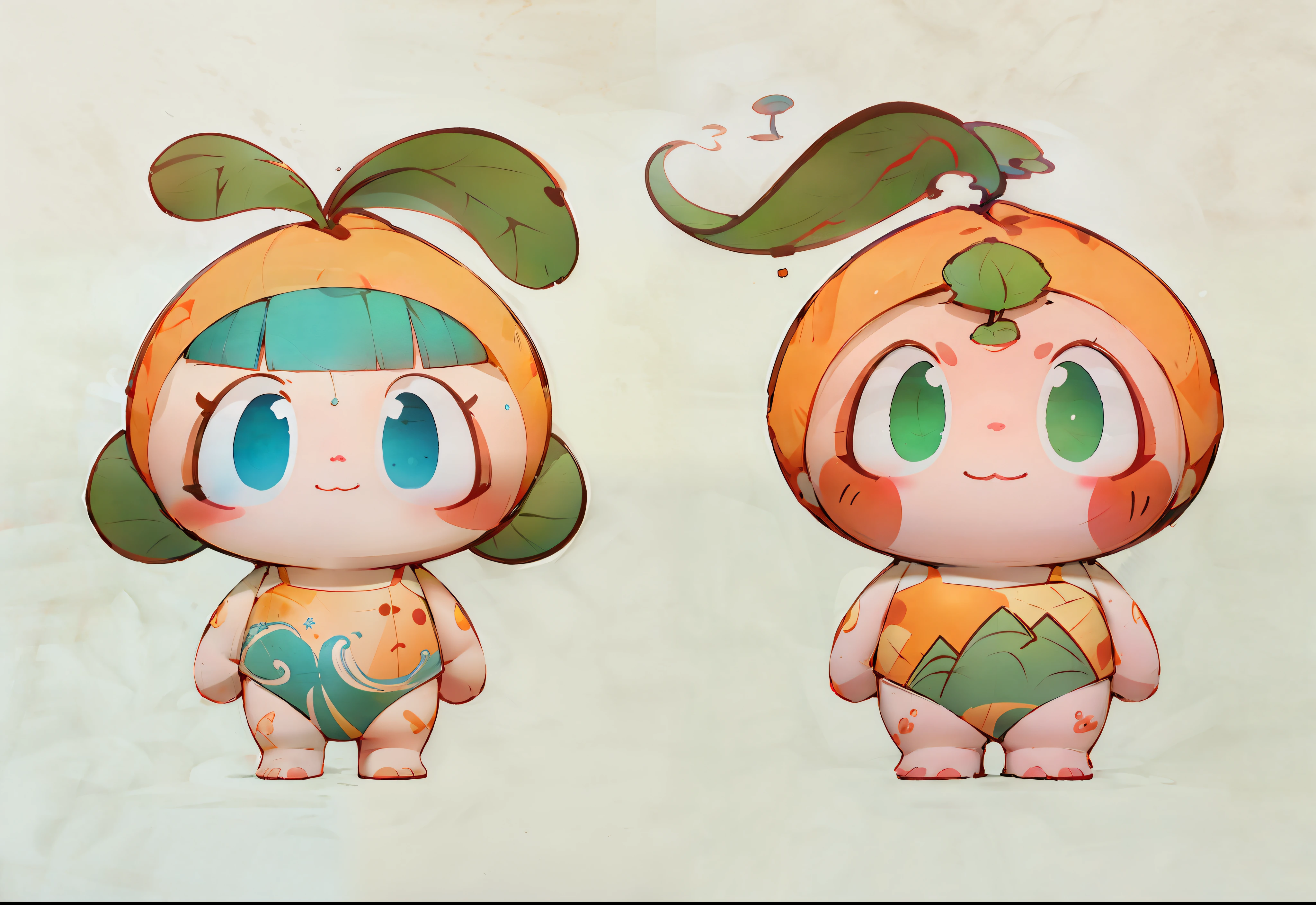 Water apricot mascot，Water apricot leaves on the head，Stand naturally，Frontal whole body，belly-bar，Water streaks，Mountain pattern，Ink painting style，clean color，Decisive cut，Leave white space，impressionistic，tmasterpiece，ultra-detailliert，high qulity, HighestQuali, 4K --v 6