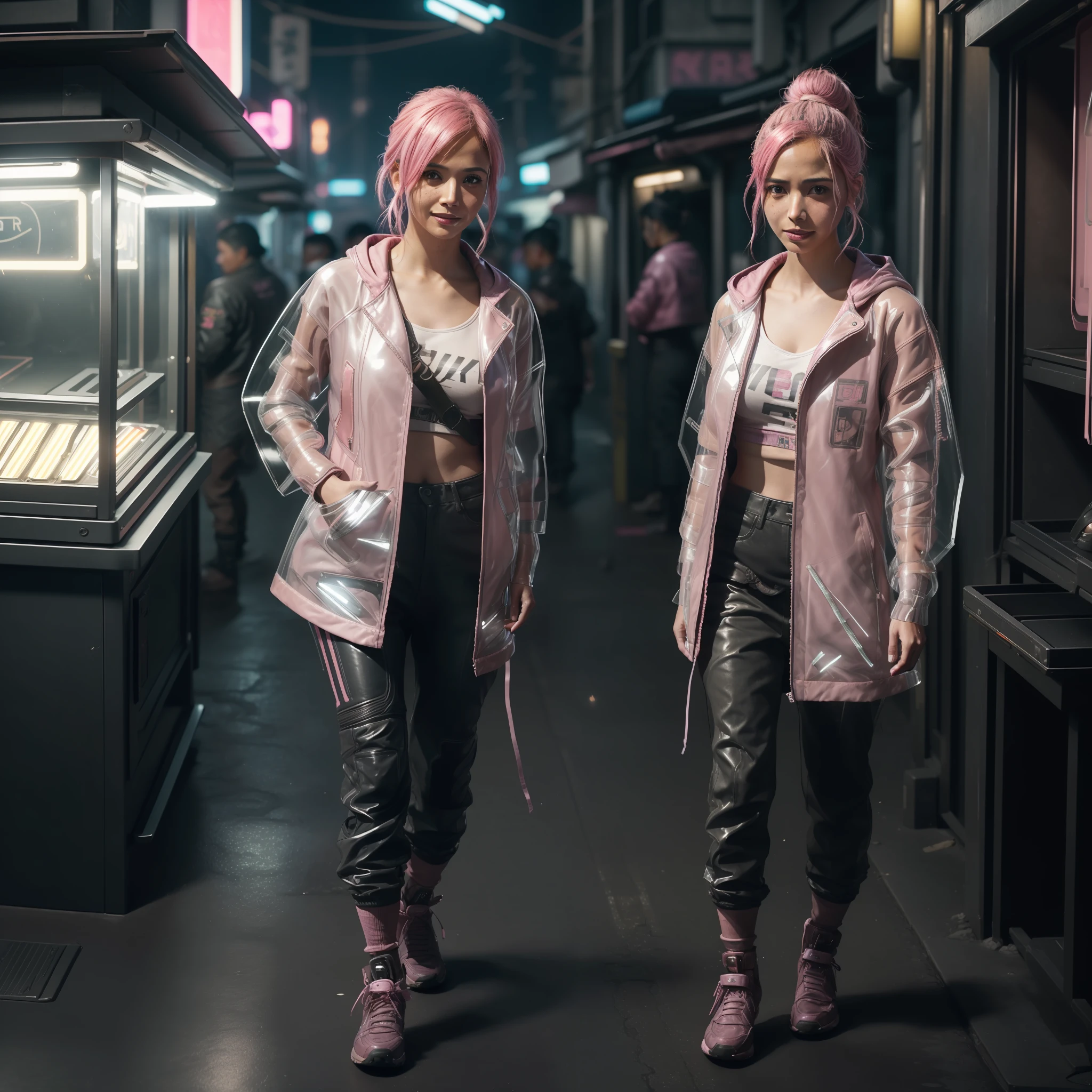 8k, ARTISTIC photography, best quality, masterpiece: 1.2), (realistic, photorealistic: 1.37), over-detailed, (high-detail skin: 1.2), 8k uhd, SLR camera, soft lighting, high quality, film grain, Arri Alexa, cinematic lighting, photonic display, brightness, physically rendered photo ( cyberpunk, cute Female at a Japanese style street food vendor, cute Pink hair ), cute face, blade runner, Yatai ((cute smile)), over-detailed face, ((( Megan Suri ))), (( dressed in a pink bubble jacket )), ((( pink clothes )), ((( minimalistic outfit))), ((( tech wear ))) street food stall in a dystopian future city, mid day (((pure 8K))), (((perfect anatomy))), extremely high-quality graphics, Riddley Scott, Blade Runner, Denis Villeneuve, Cyberpunk 2077 (((cinematic lighting))), ((clear details)), complex, highly detailed background,