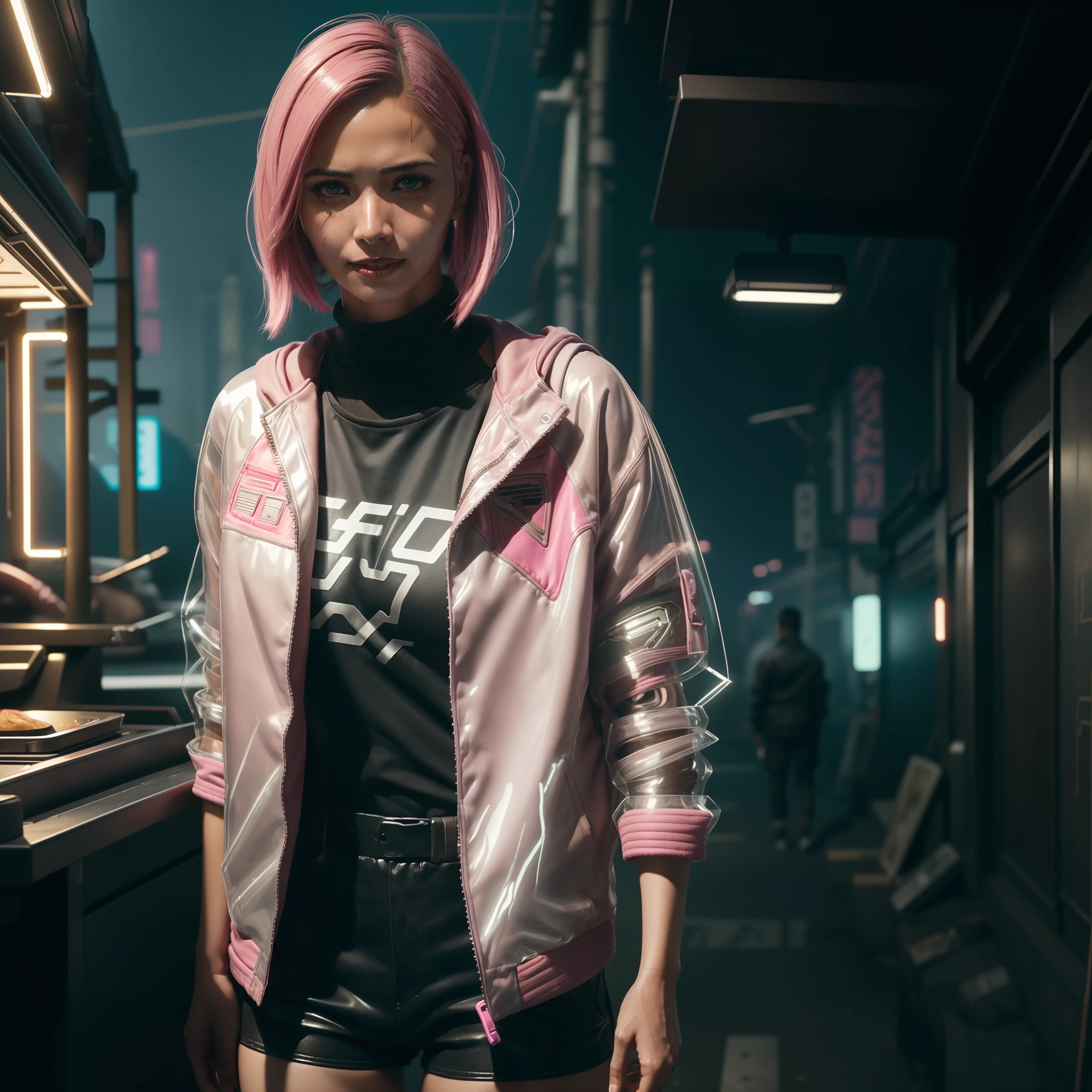 8k, ARTISTIC photography, best quality, masterpiece: 1.2), (realistic, photorealistic: 1.37), over-detailed, (high-detail skin: 1.2), 8k uhd, SLR camera, soft lighting, high quality, film grain, Arri Alexa, cinematic lighting, photonic display, brightness, physically rendered photo ( cyberpunk, cute Female at a Japanese style street food vendor, cute Pink hair ), cute face, blade runner, Yatai ((cute smile)), over-detailed face, ((( Megan Suri ))), (( dressed in a pink bubble jacket )), ((( pink clothes )), ((( minimalistic outfit))), ((( tech wear ))) street food stall in a dystopian future city, mid day (((pure 8K))), (((perfect ???????))), extremely high-quality graphics, Riddley Scott, Blade Runner, Denis Villeneuve, Cyberpunk 2077 (((cinematic lighting))), ((clear details)), complex, highly detailed background,
