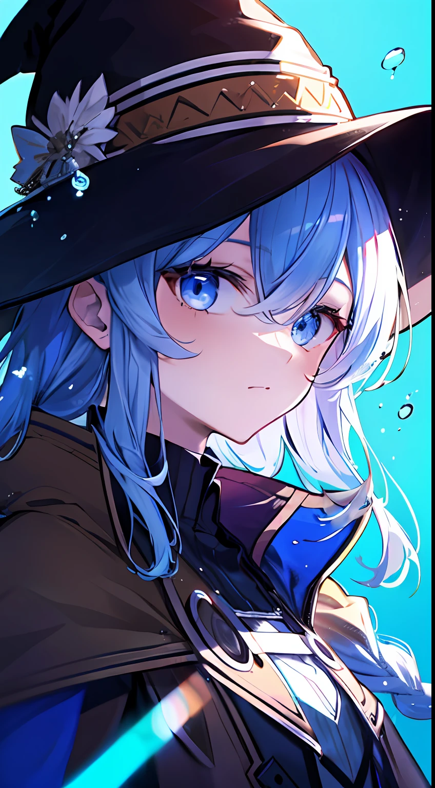 roxy migurdia, 1girll, bangs, Black tiara, Blue background, Blue eyes, Blue hair, Braid, Brown cape, Cape, Close-up, Floating hair, hair between eye, Hat, Long hair, view the viewer, Portrait, Solo, water dripping, Witch hat, ((Masterpiece)), Blue light, Blue background