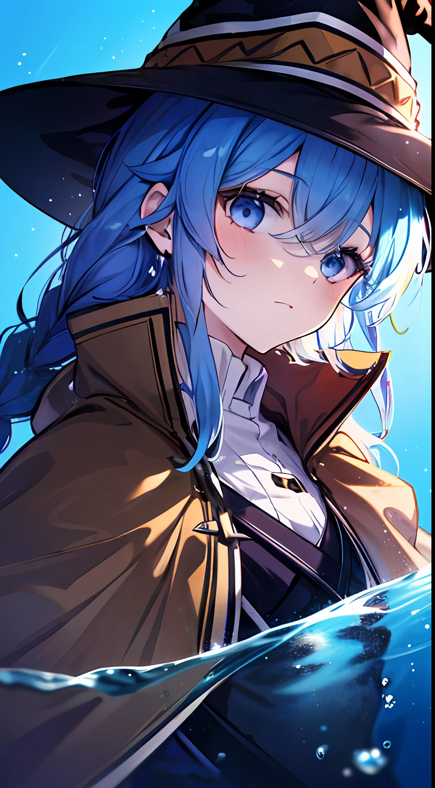 roxy migurdia, 1girll, bangs, Black tiara, Blue background, Blue eyes, Blue hair, Braid, Brown cape, Cape, Close-up, Floating hair, hair between eye, Hat, Long hair, view the viewer, Portrait, Solo, water dripping, Witch hat, ((Masterpiece)), Blue light, Blue background