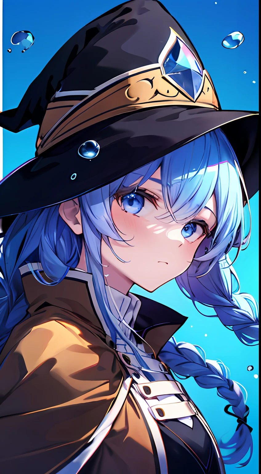 roxy migurdia, 1girll, bangs, Black tiara, Blue background, Blue eyes, Blue hair, Braid, Brown cape, Cape, Close-up, Floating hair, hair between eye, Hat, Long hair, view the viewer, Portrait, Solo, water dripping, Witch hat, ((Masterpiece)), Blue light, Blue background