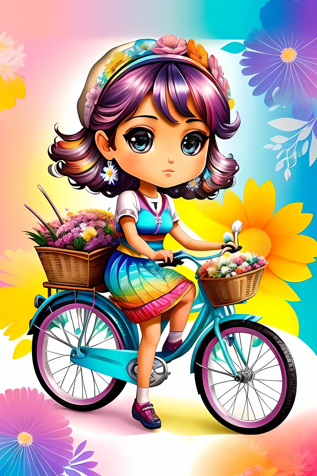 ((Uma bela mulher sentanda em uma linda bicicleta com uma cesta repleta de  flores coloridas )) ), ,,  Eduardo Kobra acolchoamento ,multidimensional geometric PORTRAIT wall, arte, chibi,
yang08k, lindo, colorido,
obras-primas, qualidade superior, melhor qualidade, arte oficial, beautiful and aesthetic,