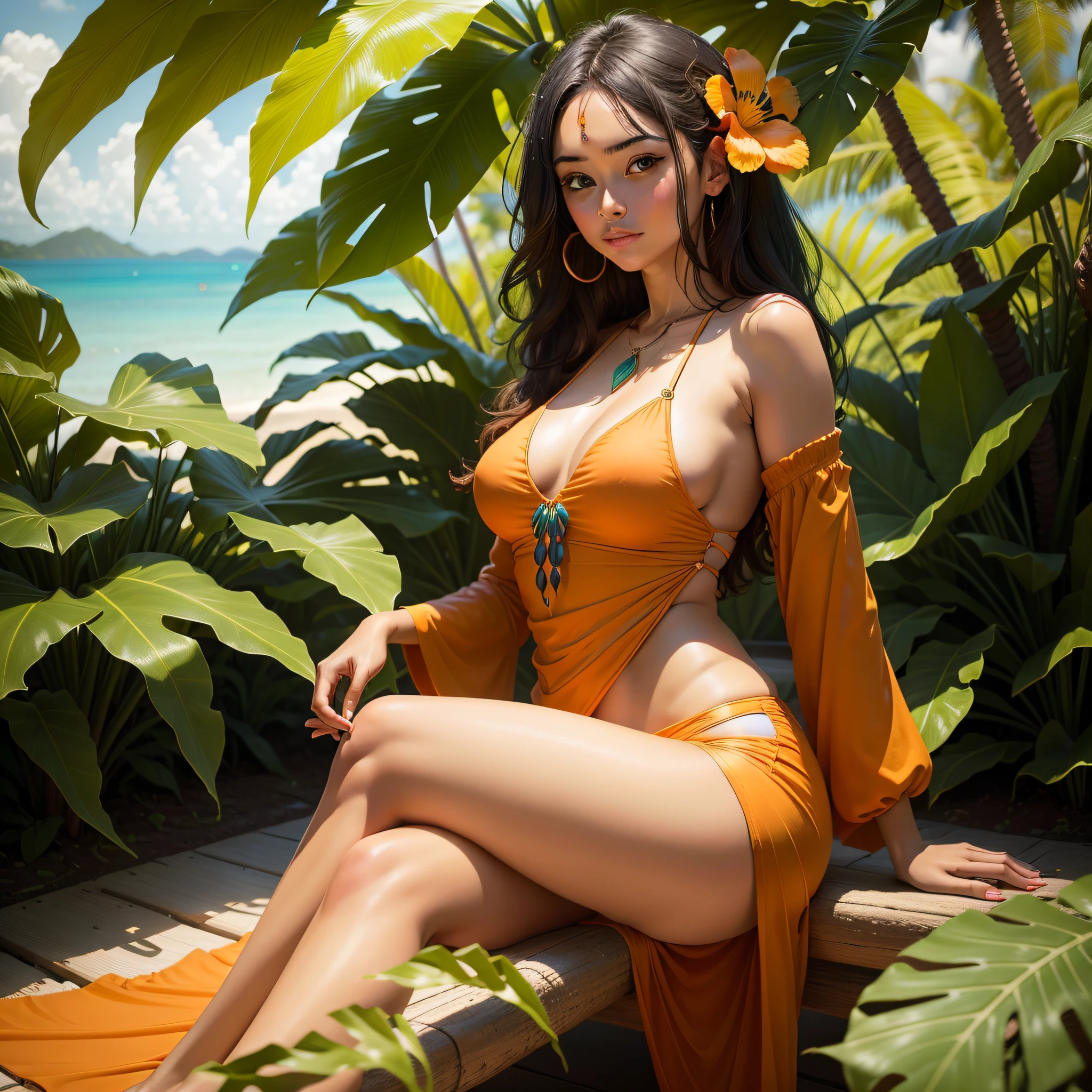 Escape to a tropical paradise with a woman dressed in papaya-colored clothes, Surrounded by lush papaya and exotic flora. This retreat captures the beauty and warmth of the tropical essence of papaya.