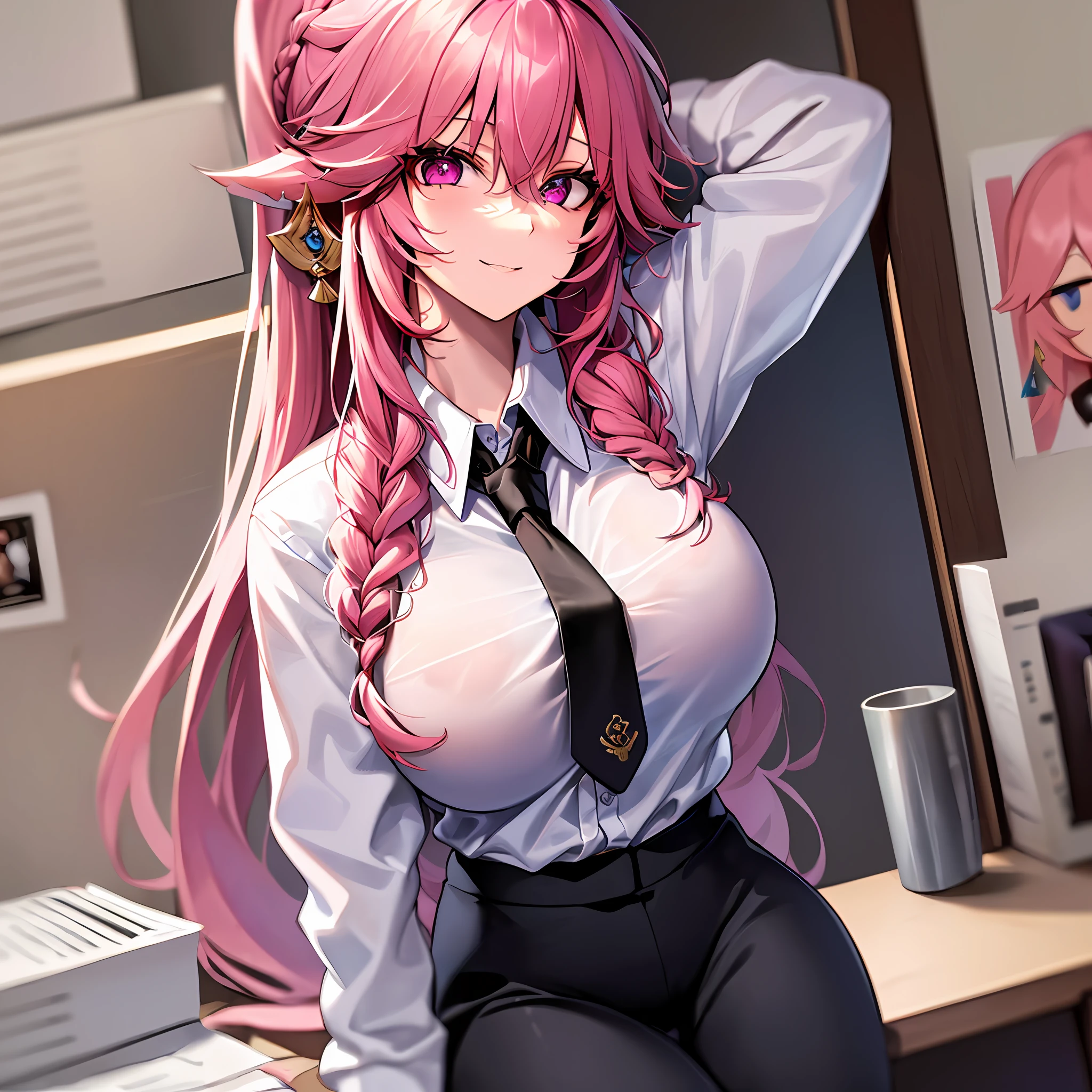 ((masterpiece)), (best quality), beautiful, extremely detailed face, perfect lighting,((expressionless)),((cold attitude)),((tsurime)),((tareme)),breasts,((Mature female)),((yae miko, long hair, smile, bangs, (big breasts:1.2), braid, pink hair, braided ponytail, ringed eyes,
shirt, long sleeves, white shirt, necktie, collared shirt, pants, black pants, formal, suit, black necktie, shirt tucked in, office lady
