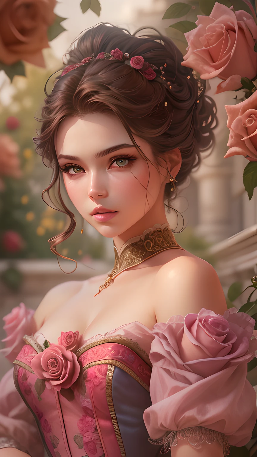 This is realistic fantasy artwork set in the castle's enchanted rose garden. Generate a proud woman with a highly detailed face dressed in the billowing folds of a stunning French silk ballgown. The woman's sweet face is ((((highly detailed, with realistic features and soft, puffy lips.))))  The ballgown is embellished with ruffles, sashes, and bows and a delicately, but intricately, hand-embroidered bodice. The corset features silk ribbon. The woman's stunning eyes are beautifully detailed, featuring realistic shading and multiple colors and high resolution. The woman is in a garden of eternal roses, each one beautifully formed and highly detailed. These realistic roses feature shimmering shades of pink, yellow, orange, and glimmering red. The eternal rose is a deep shade of red with shimmering pink overtones and undertones. Ensure that the woman's face, hair, and eyes are perfect. realism, high fantasy, whimsical fantasy, storybook fantasy, fairytale fantasy, fantasy details, enchanting, bewitching, 8k, hires, cgi, digital painting, unity, unreal engine, (((masterpiece))), intricate, elegant, highly detailed, majestic, digital photography, art by artgerm and ruan jia and greg rutkowski, (masterpiece, finely detailed beautiful eyes: 1.2), hdr, realistic skin texture, (((1woman))), (((solo))), Include a highly detailed face, extremely detailed face, and interesting background.