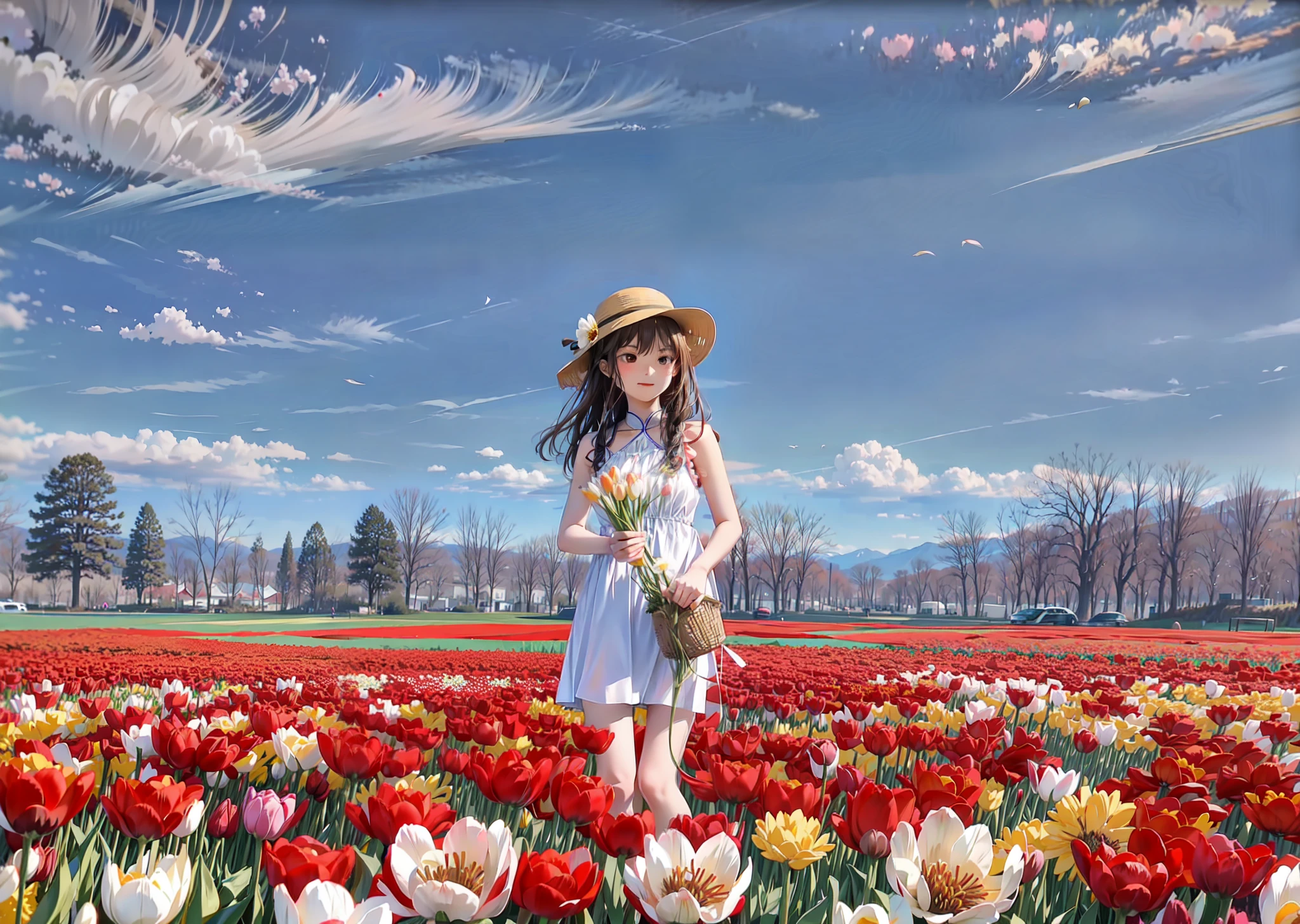 a pretty chinese woman in a field of tulips with a sun hat and sunglasses, wearing a white sleeveless halter dress, tall and slim, dark wavy hair, standing in tulips field, standing in a flower field, woman standing in flower field, standing in a field with flowers, flower fields, girl standing in a flower field, girl in a flower field, in a field of flowers, girl standing in flower field, in a field with flowers
