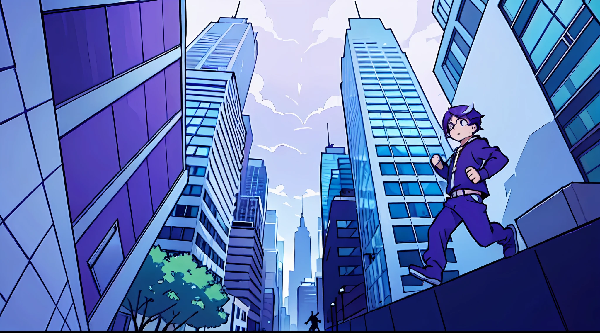 top-quality、Boy with purple hair、Run up the walls of skyscrapers、weightless、Dynamic composition with perspective
