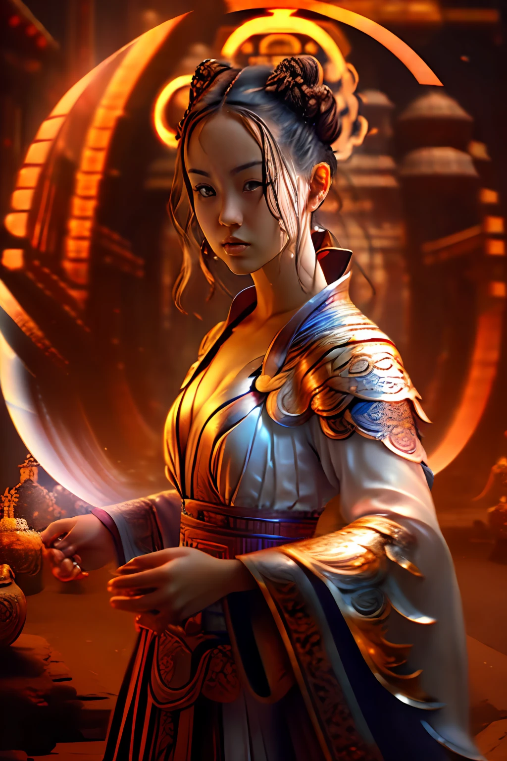 Best quality,masterpiece,ultra high res,(photorealistic:1.4),xiuxian,weapon,Detailed face,
1girl,solo,weapon,cleavage,(magic circle:1.2),xiuxian,upper body,Beautiful girl,full body,east asian architecture,sheath,architecture,