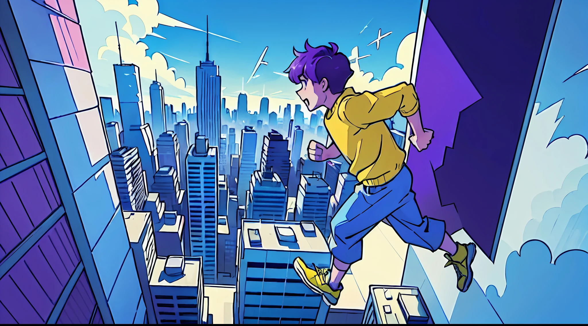 top-quality、Boy with purple hair、Run up the walls of skyscrapers、weightless、Dynamic composition with perspective