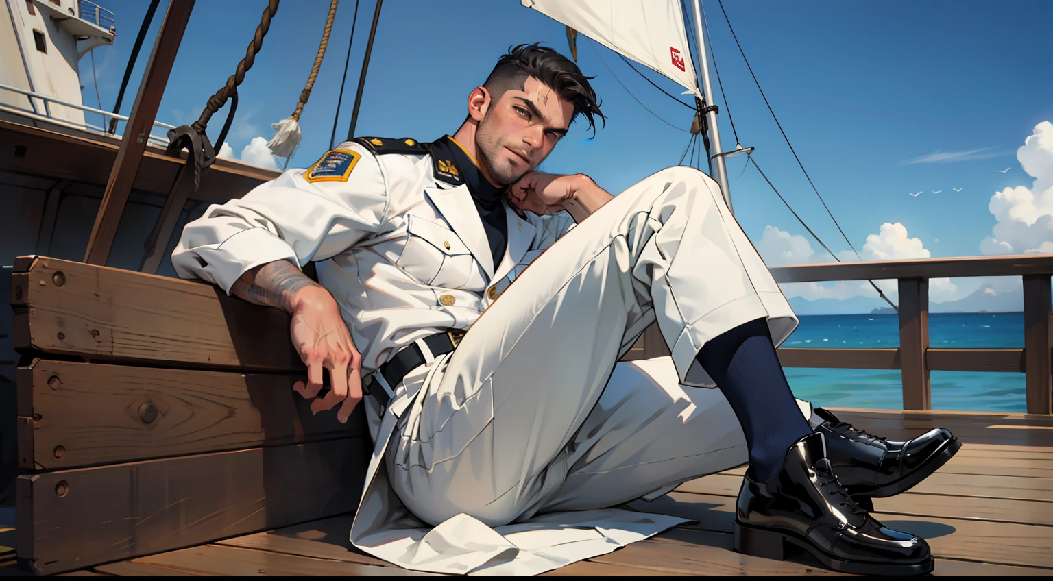 masterpiece, best quality, face, natural eyes, 1man, european, big feet, black socks, full body, large bulge, long legs, looking at viewer, 30 years old, muscled and mature, sea, a navy soldier, white navy army uniform, wearing balck leather shoe, short haircut, sitting on a ship deck with legs streched, deck, ship, sea, ship deck, blue eyes, flush, organism, face covered with white fluids, sweating, tight cloth, erecting
