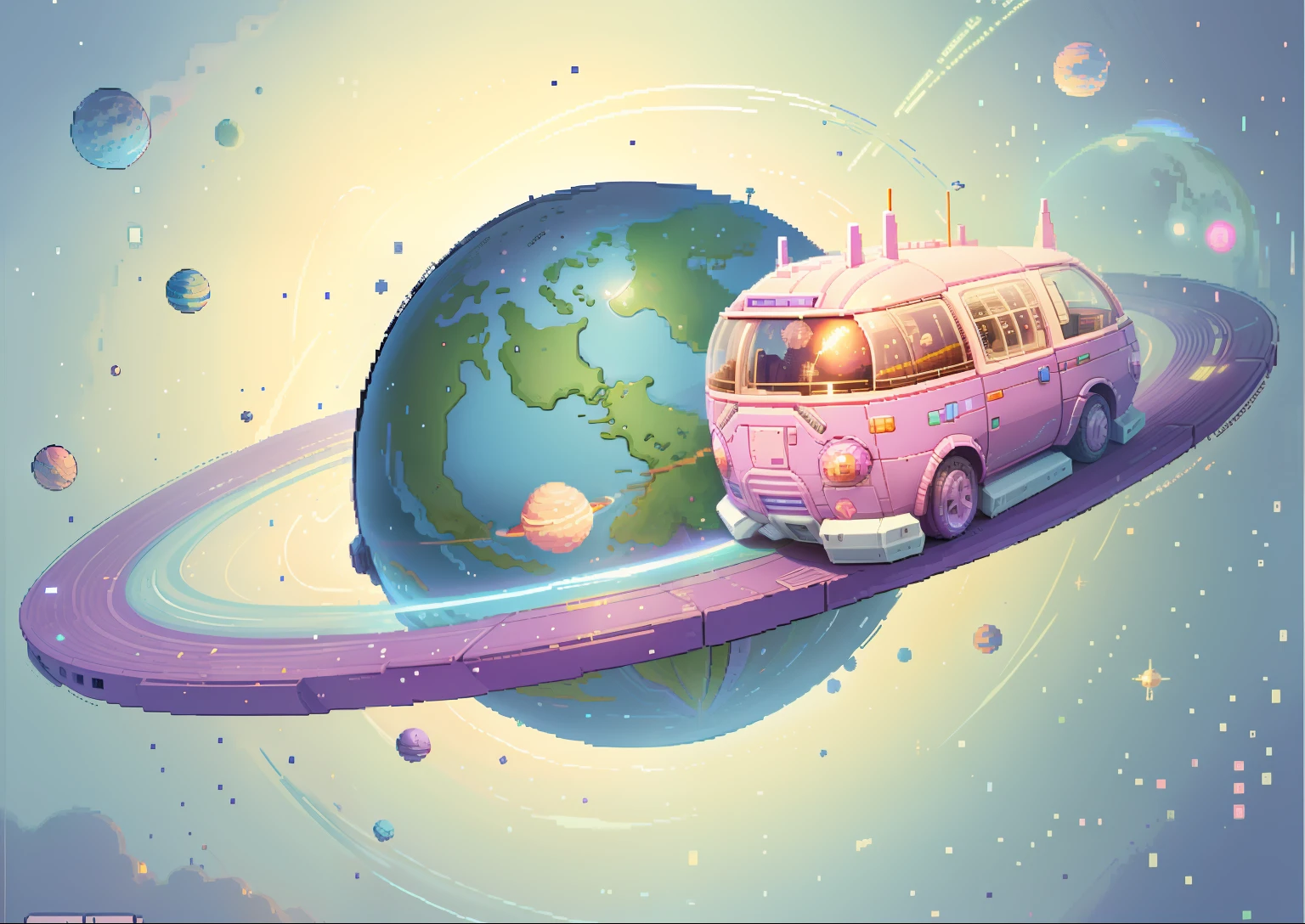 pixelart，Pink-purple color，Light colors，space ship，Lovely planet，pixilated。