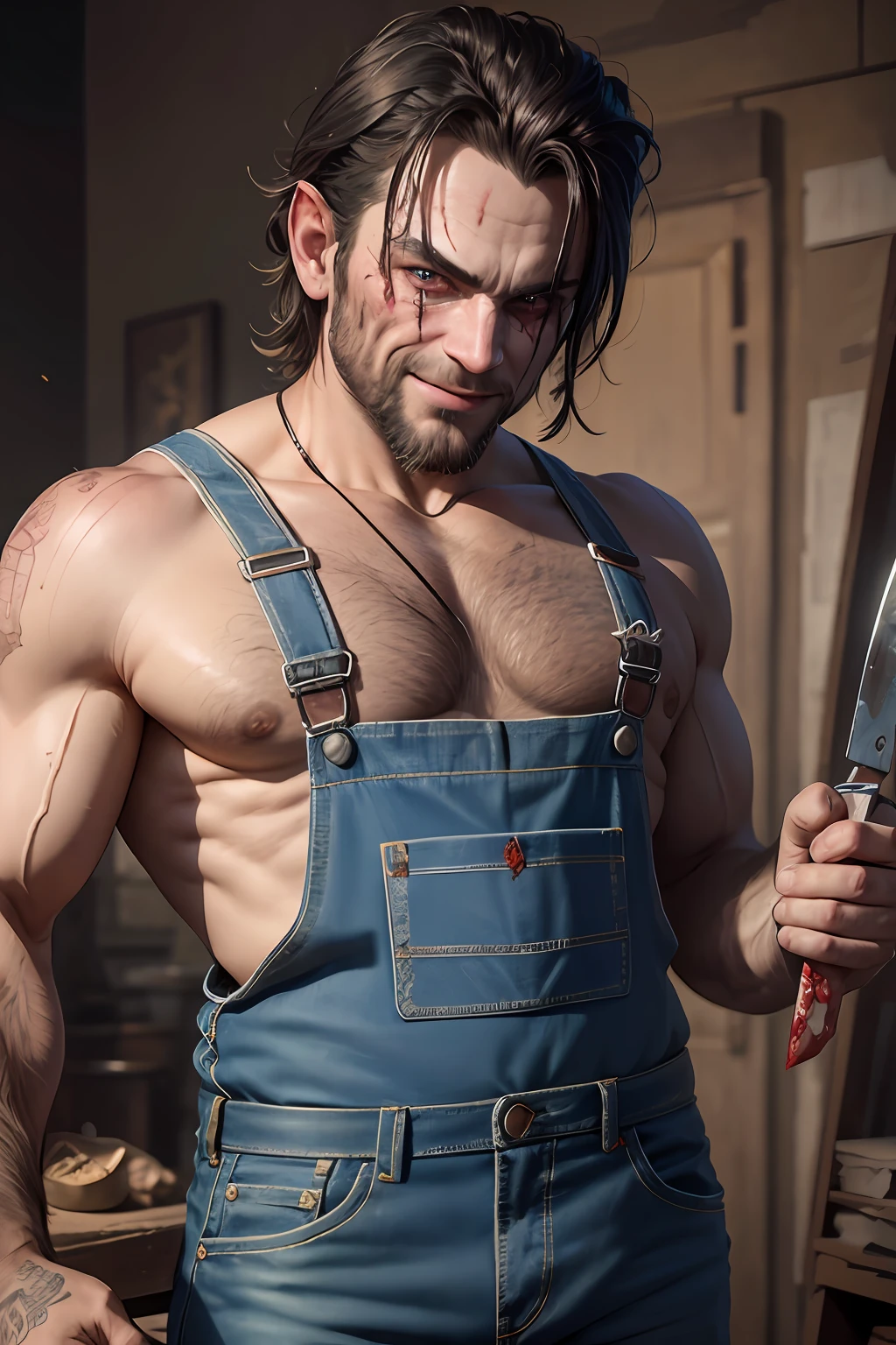 tmasterpiece,Best quality,8K,Portrait Photogram,The ogre wears denim suspenders,deformity,The clothes are tattered,horror smile,Holding a blood-stained knife in his hand,Lick its tip with your tongue,Fatal bends,terroral --auto