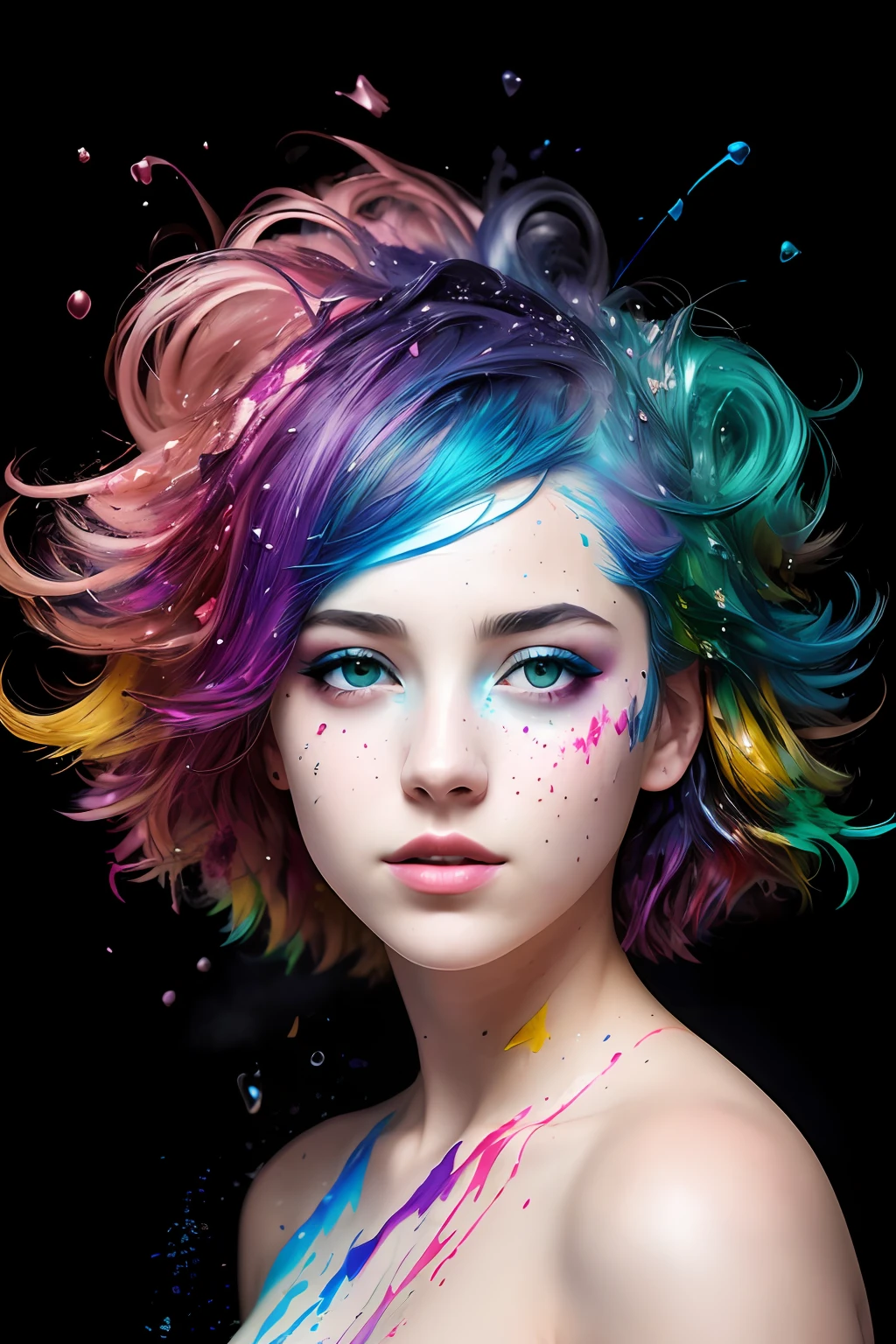 (level difference:1.8),(Paint colliding and splashing on the canvas),(depth of field),1girl's side face blends into it,((side face)),open mouth,(liquid paint rainbow hair:1.1) made of paint and defies gravity,thick flowing,(paint splatter:1.3),Liquid state,stunningly beautiful, masterpiece, detailed background,ultra high quality model, ethereal background,abstract beauty, explosive volumetric, oil painting,heavy strokes,Romantic lighting,Sub-Surface Scatterring,lens 135mm,f1.8,glow,8k,high resolution, dreamy,ray tracing,hdr,god rays,