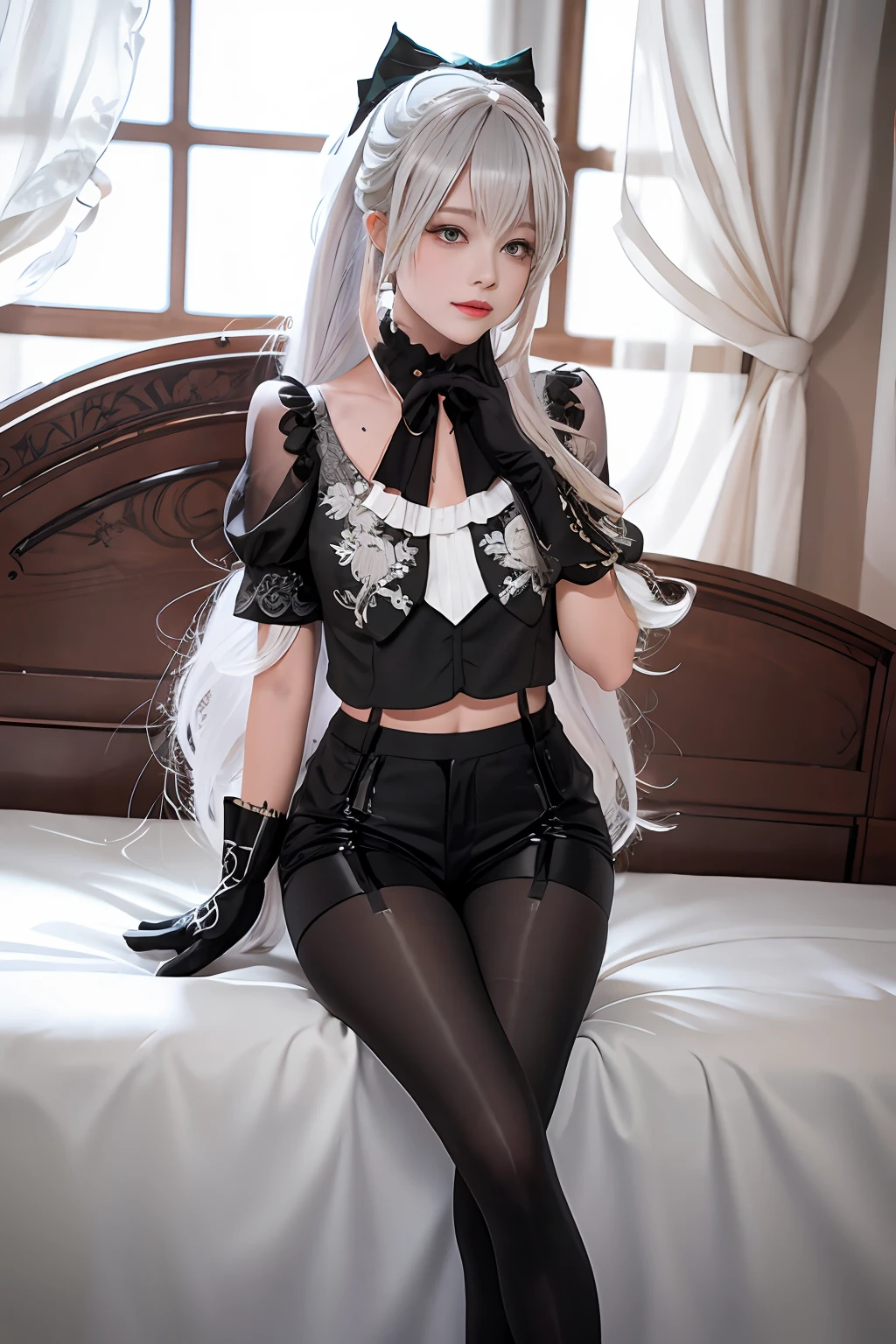 (((1 girl)),ray tracing,(dim lighting),[detailed background (bedroom)),((silver hair)),((silver hair)),(Fluffy silver hair, plump slender girl)) with high ponytail)))) Avoid blonde eyes in the ominous bedroom ((((Girl wears intricately embroidered black high-waisted pants with pantyhose) and white ruffled bow gloves), showing a delicate slim figure and graceful curves, correct limbs, sitting on the bed