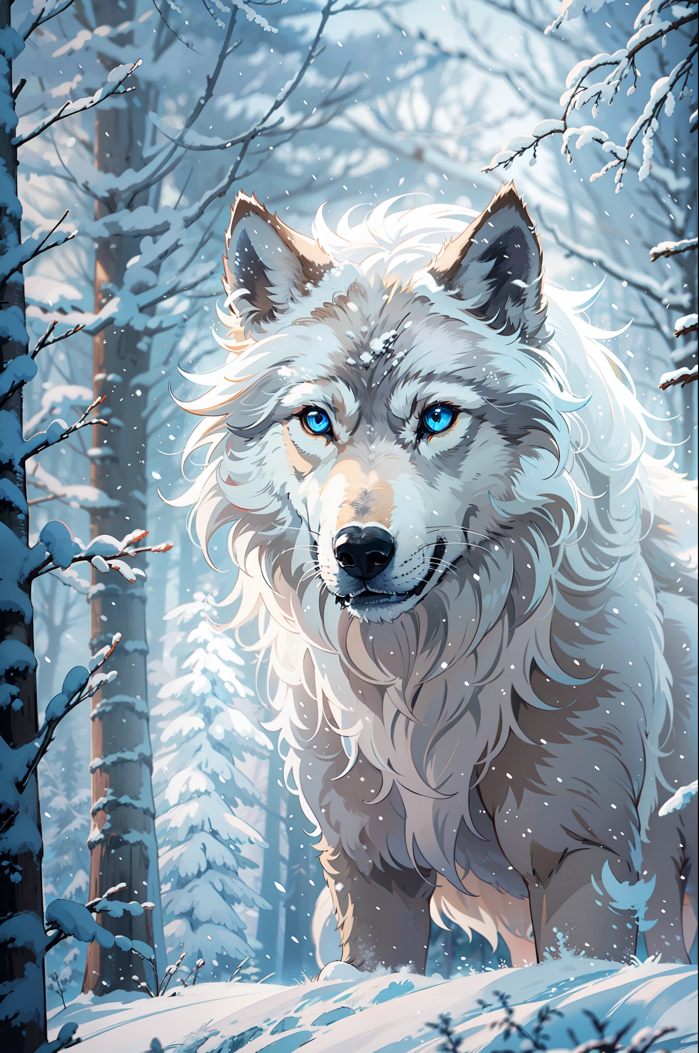 "winter wolf with piercing blue eyes and white fur, set in a Scandinavian forest in winter with snow. The wolf is highly detailed, strong, and big. It is looking directly at the viewer, portraying a slender and fluffy appearance."