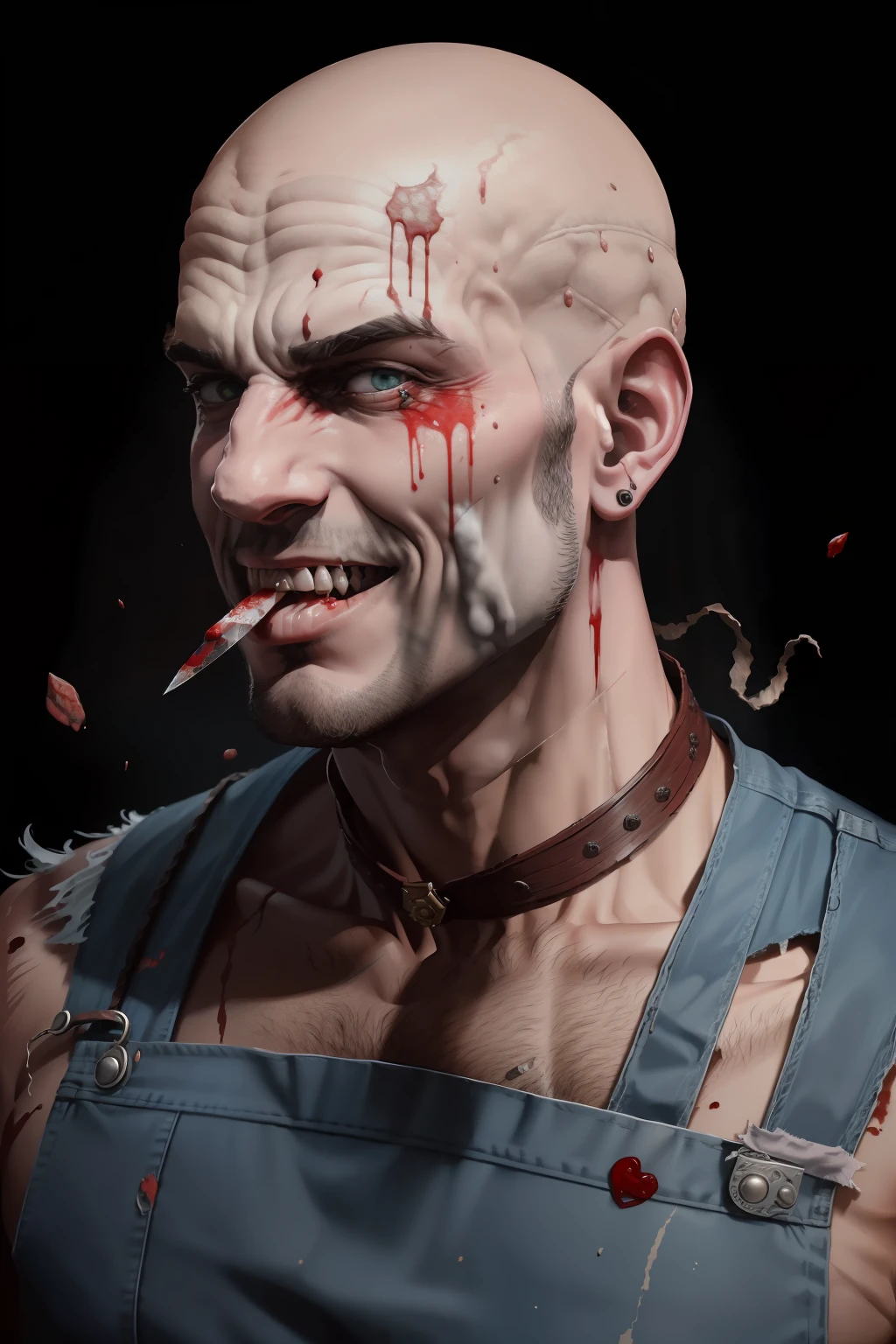 tmasterpiece，Best quality，8K，Portrait Photogram，The ogre wears denim suspenders，deformity，Bald，Mediterranean hairstyle，roman nose，The clothes are tattered，horror smile，Holding a blood-stained knife in his hand，Lick its tip with your tongue，Fatal bends，terroral