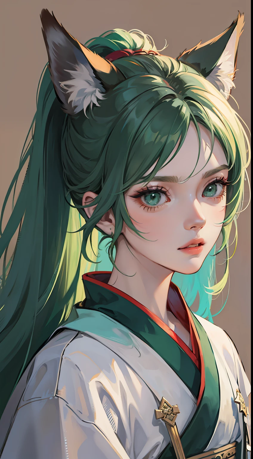 Tall guy, long green hair,high ponytail, Green eyes, wolf ears, Hanfu, a sword, A serious look, Masterpiece, hiquality