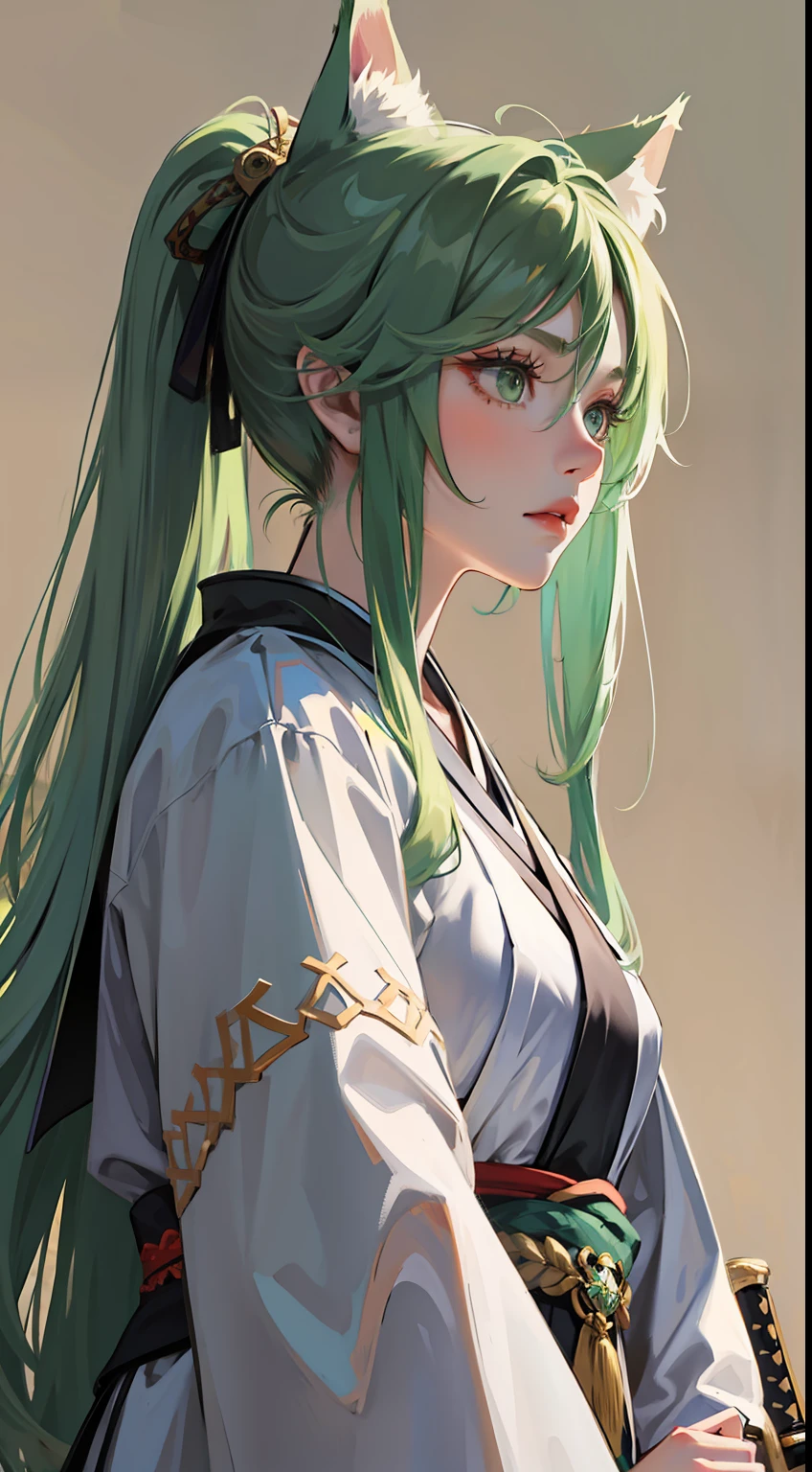 Tall guy, long green hair,high ponytail, Green eyes, wolf ears, Hanfu, a sword, A serious look, Masterpiece, hiquality