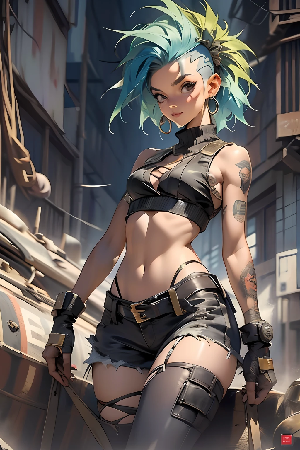 ((( corpo inteiro ))), master part, best quality, super detalhe, 8k, mulher linda, Tank Girl com cara de maluca, sorriso malicioso , (((corpo inteiro))), cabelo moicano colorido, garota punk, post-apocalyptic world, ((  do tanque )), Nijistyle, roupas rasgadas e sujas, moicano curto, sides of shaved head, rosto limpo, full body