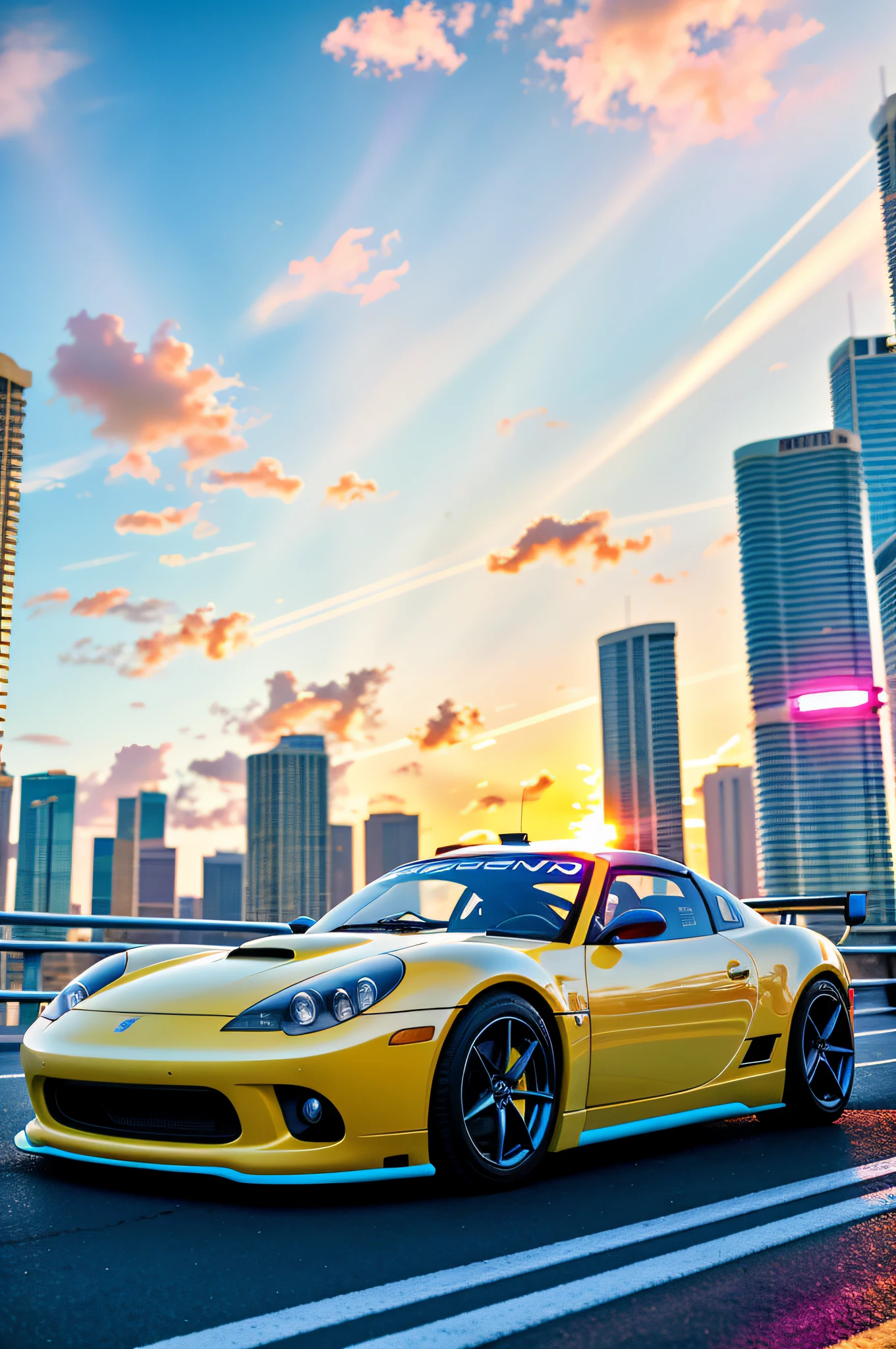 bright sunny day beautiful cloudy sky sunset sports car racing down cyberpunk Miami city streets neon signs and crowds confetti debris dust wind volumetric fog exciting epic action camera, (masterpiece:1.2) (photorealistic:1.2) (bokeh) (best quality) (detailed skin) (intricate) (8k) (HDR) (cinematic lighting) (sharp focus)