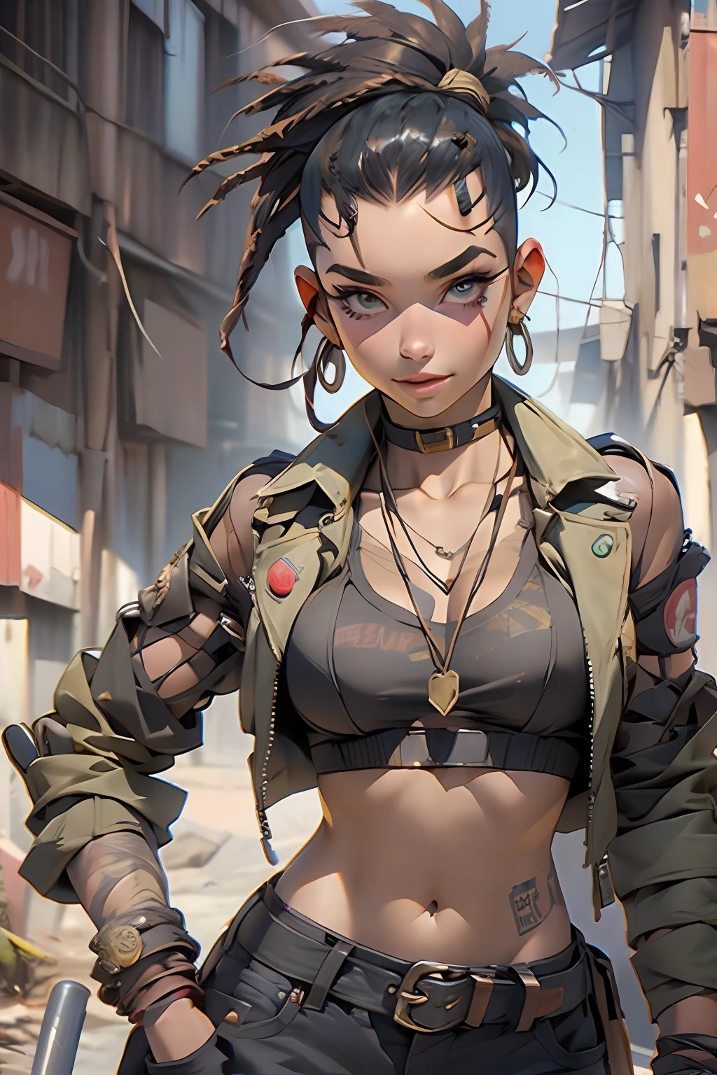 ((( corpo inteiro ))), master part, best quality, super detalhe, 8k, mulher linda, Tank Girl com cara de maluca, sorriso malicioso , (((corpo inteiro))), cabelo moicano colorido, garota punk, post-apocalyptic world, ((  do tanque )), Nijistyle, roupas rasgadas e sujas, moicano curto, sides of shaved head, rosto limpo, full body