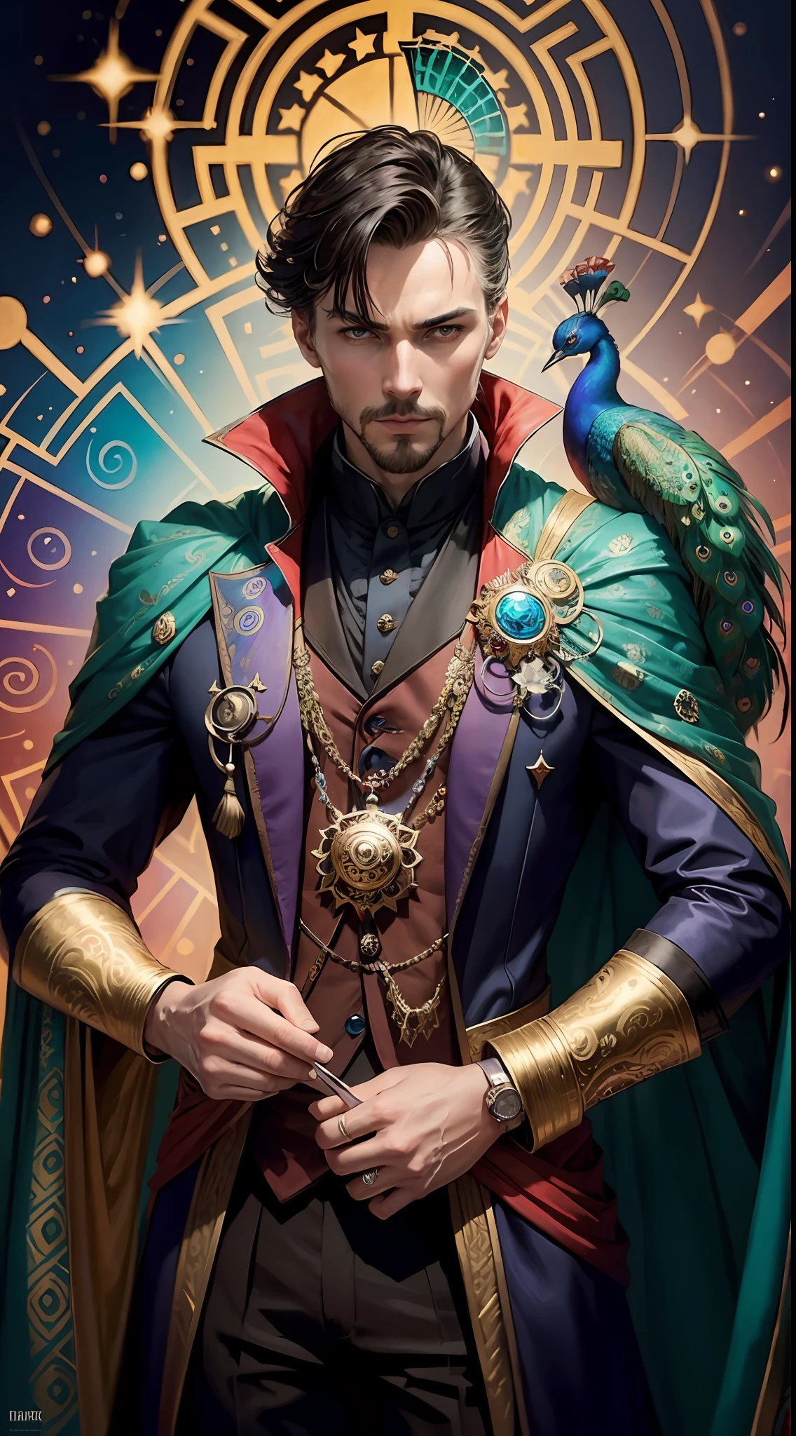 painting of a handsome doctor strange peacock with a colorful headdress and a star, full of colors and rich detail, beautiful and colorful, beautiful colorful, colorful plumage, highly intricate and colorful, wonderfully colorful, colorful intricate masterpiece, colorful hd picure, full of colors, highly intricate in technicolor, intricate colorful masterpiece, vibrant and rich colors, peacock colors