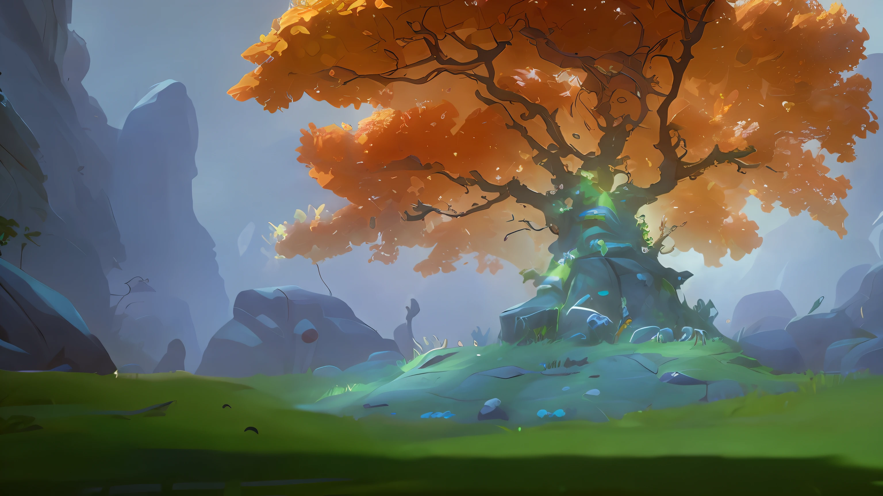 There is a tree，There are many leaves on it, background artwork（Fantasy vegetation，Lush foliage foreground，Clear wood grain，Strong sense of material，Fantasy Magic House，Fantasy Forest，）, painted as a game concept art, Stylized concept art, arte de fundo, Dota 2 concept art, Fantasy Tree, treant, stylised painting, environmentart, indie game concept art, digital painting concept art, environment painting, indie concept art, Stylized game art, world of warcraft art style，Pixar animation style，Pixar cartoon art，best qualityer，Best results，Optimal material feel